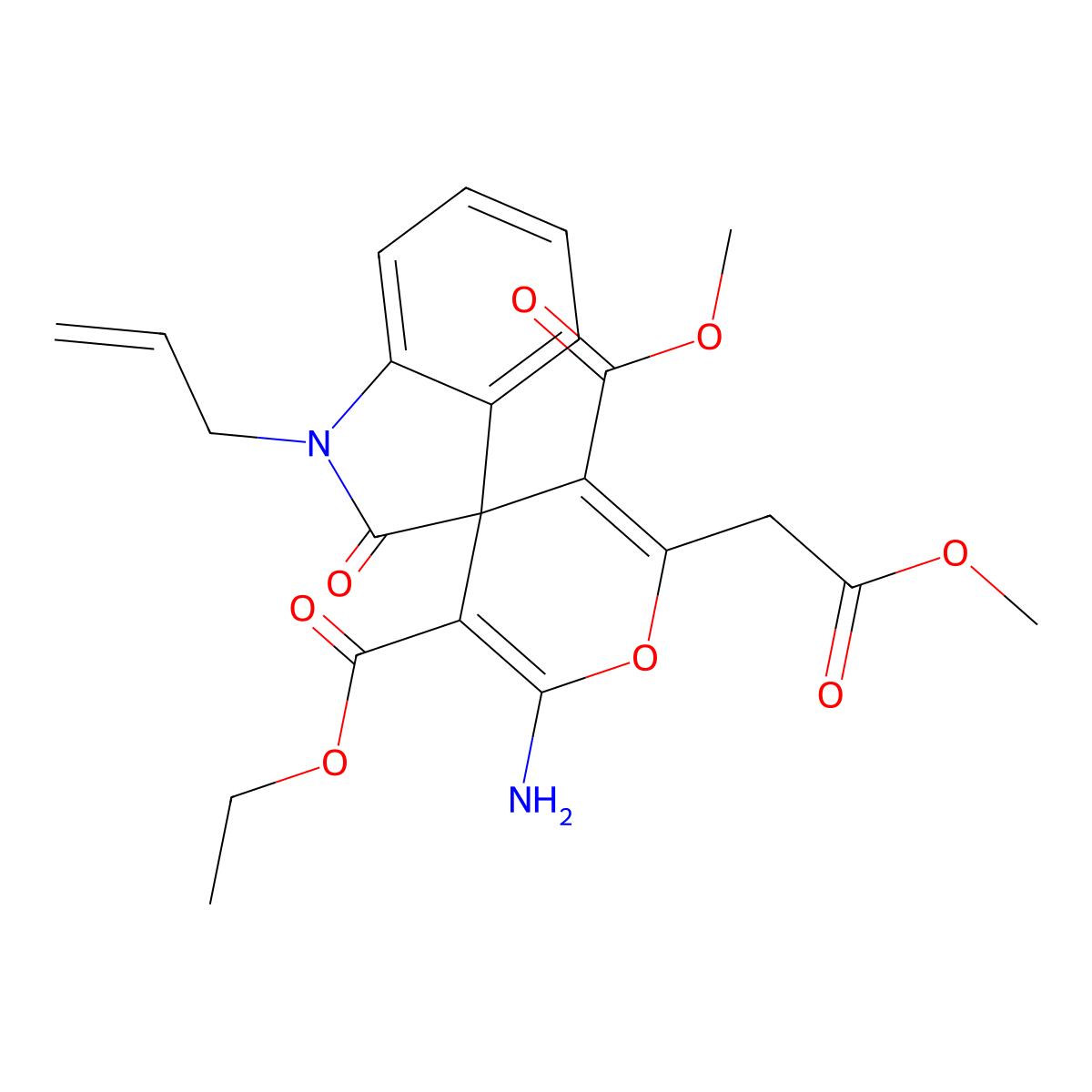 3-O'-ethyl 5-O'-methyl 2'-amino-6'-(2-methoxy-2-oxoethyl)-2-oxo-1-prop-2-enylspiro[indole-3,4'-pyran]-3',5'-dicarboxylate molecular structure, CAS 445222-98-0