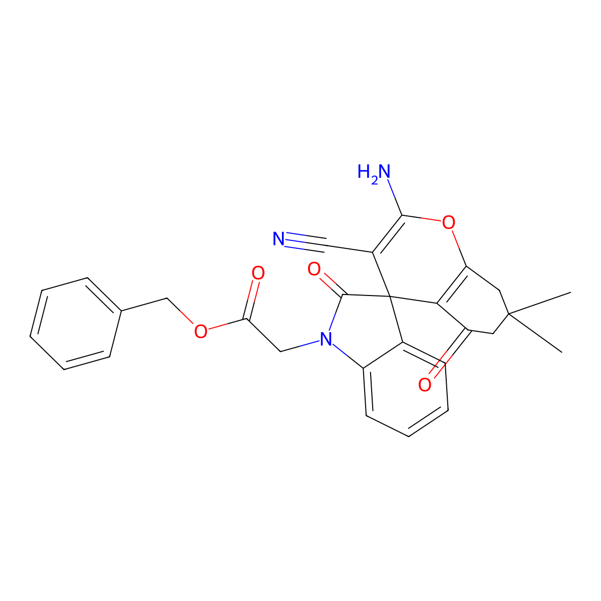 Benzyl 2-(2-amino-3-cyano-7,7-dimethyl-2',5-dioxospiro[6,8-dihydrochromene-4,3'-indole]-1'-yl)acetate molecular structure, CAS 445223-02-9
