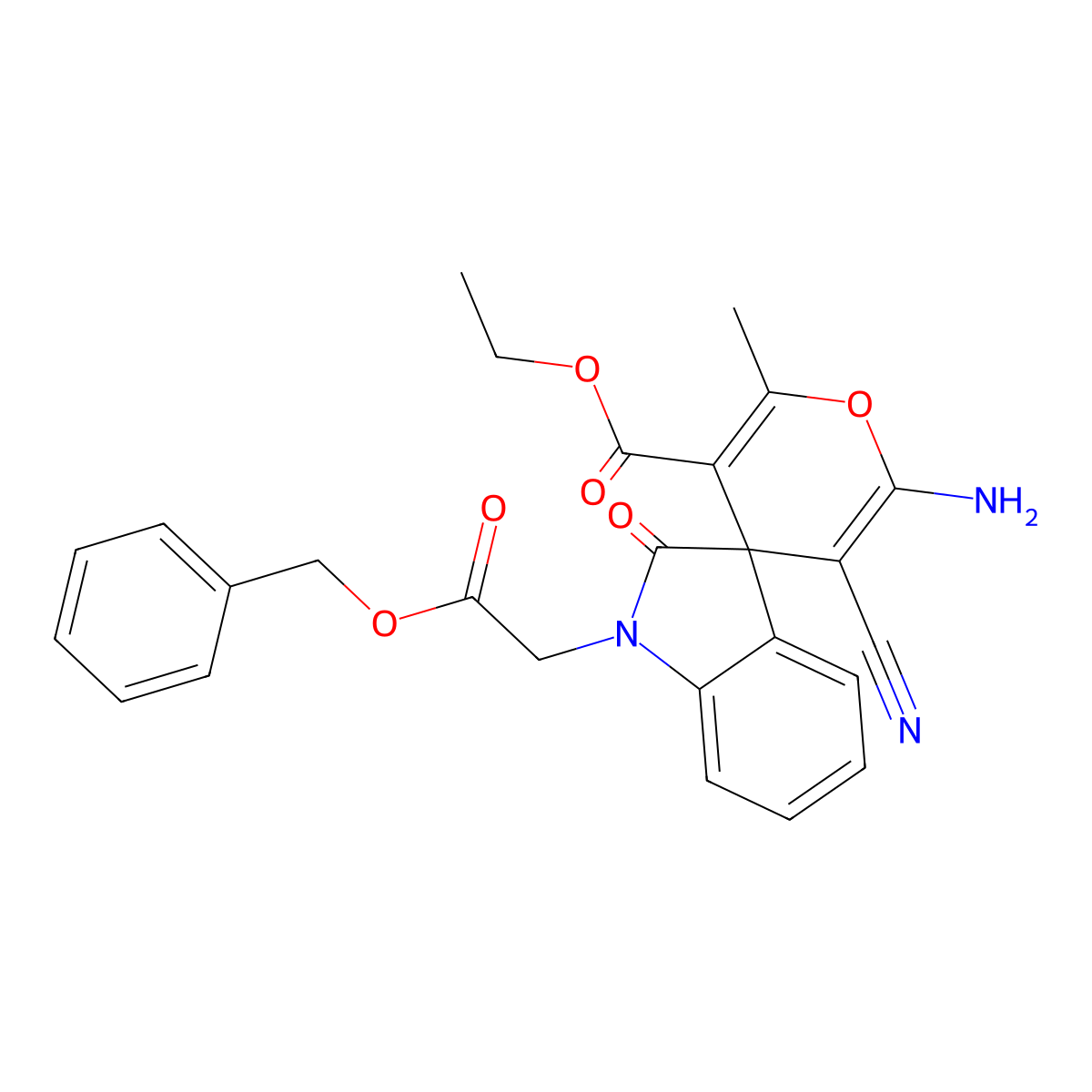 Ethyl 6'-amino-5'-cyano-2'-methyl-2-oxo-1-(2-oxo-2-phenylmethoxyethyl)spiro[indole-3,4'-pyran]-3'-carboxylate molecular structure, CAS 445223-03-0