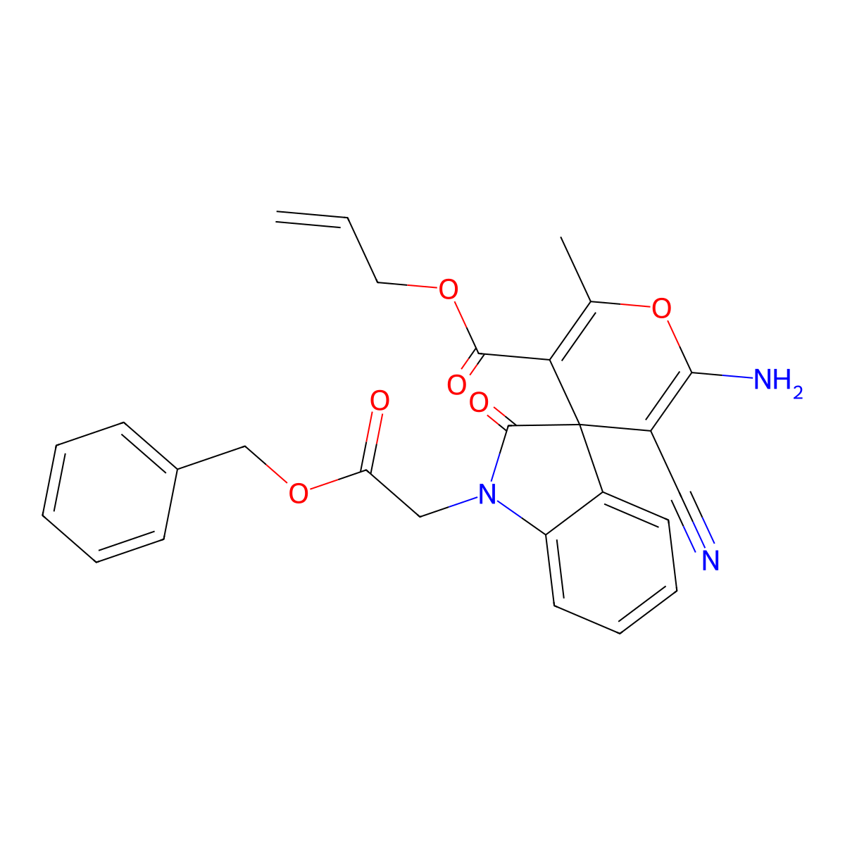Prop-2-enyl 6'-amino-5'-cyano-2'-methyl-2-oxo-1-(2-oxo-2-phenylmethoxyethyl)spiro[indole-3,4'-pyran]-3'-carboxylate molecular structure, CAS 445223-04-1