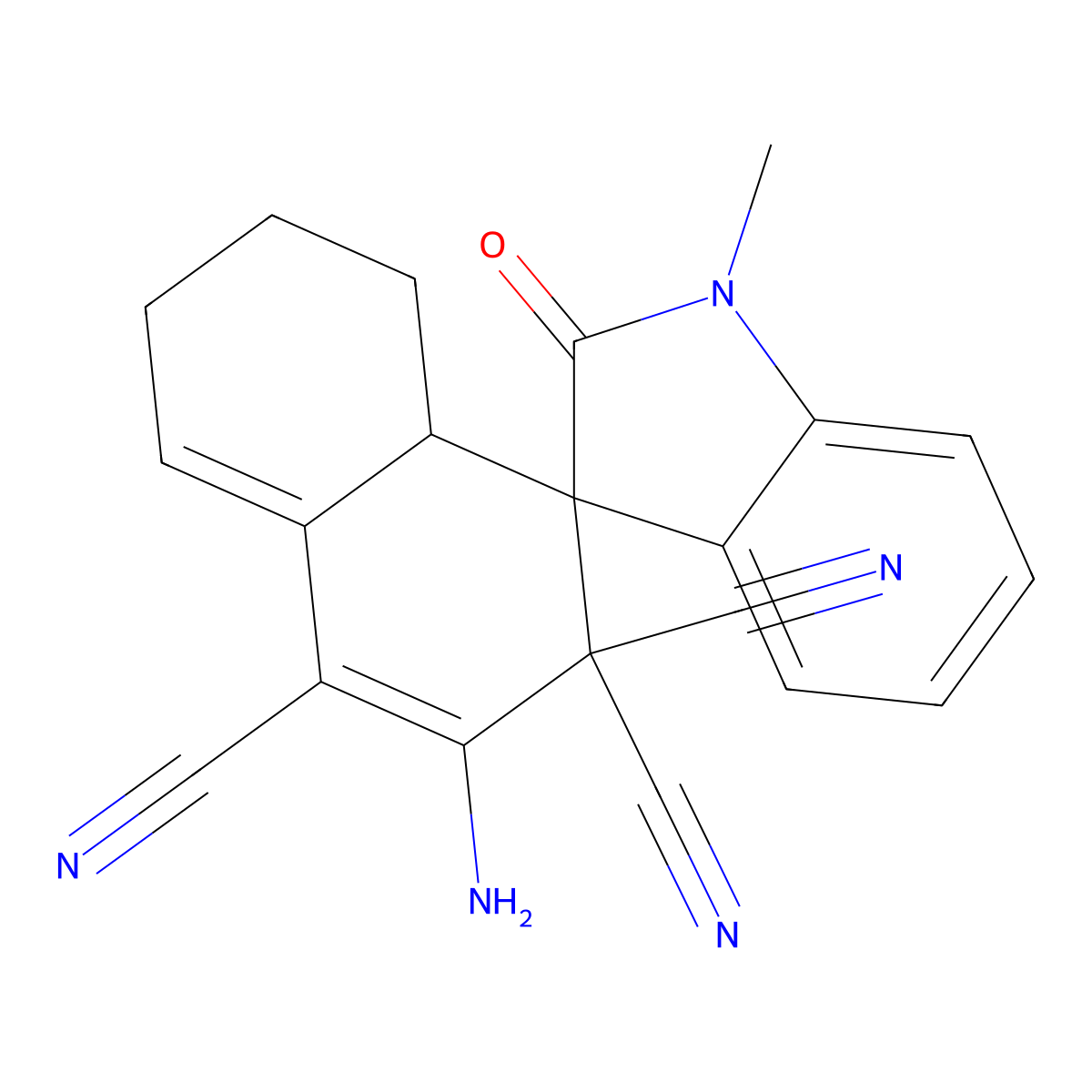 2-Amino-1'-methyl-2'-oxospiro[4a,5,6,7-tetrahydronaphthalene-4,3'-indole]-1,3,3-tricarbonitrile molecular structure, CAS 445223-06-3