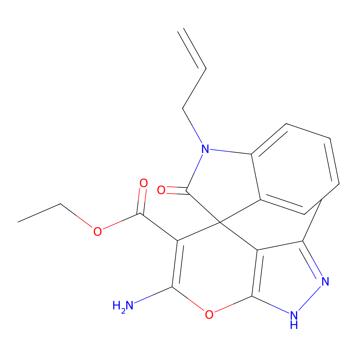 ethyl 6-amino-3-methyl-2'-oxo-1'-prop-2-enylspiro[2H-pyrano[2,3-c]pyrazole-4,3'-indole]-5-carboxylate molecular structure, CAS 445223-07-4