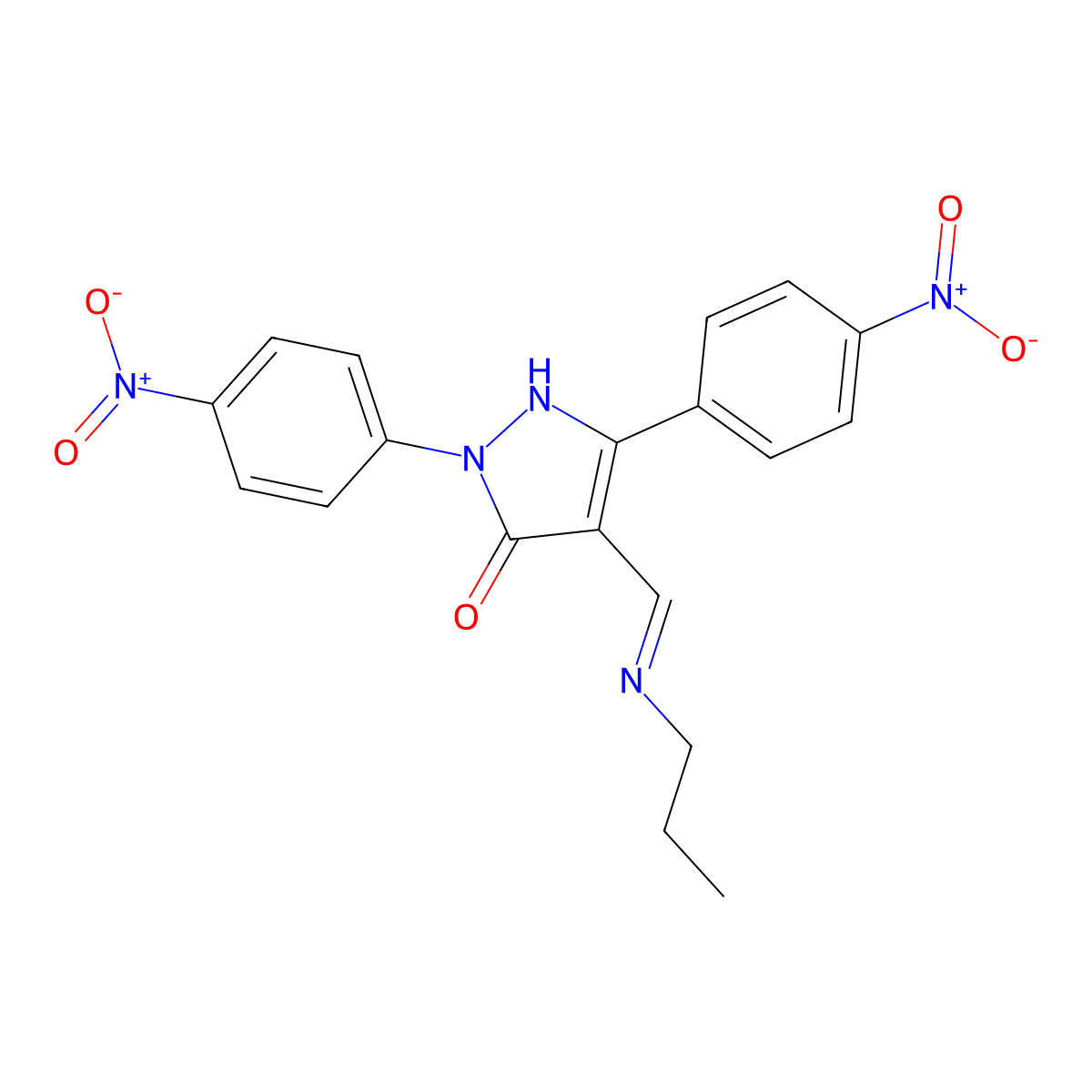 1,2-Dihydro-2,5-bis(4-nitrophenyl)-4-[(propylimino)methyl]-3H-pyrazol-3-one molecular structure, CAS 445228-84-2