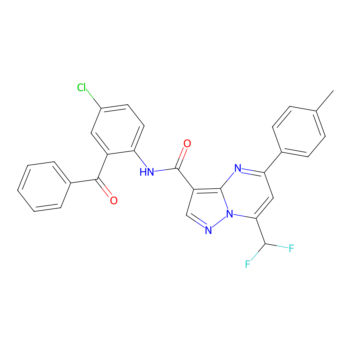 N-(2-benzoyl-4-chlorophenyl)-7-(difluoromethyl)-5-(4-methylphenyl)pyrazolo[1,5-a]pyrimidine-3-carboxamide molecular structure, CAS 445230-73-9