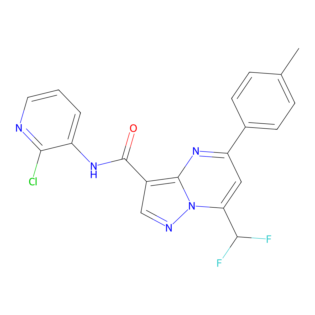 N-(2-chloropyridin-3-yl)-7-(difluoromethyl)-5-(4-methylphenyl)pyrazolo[1,5-a]pyrimidine-3-carboxamide molecular structure, CAS 445230-94-4