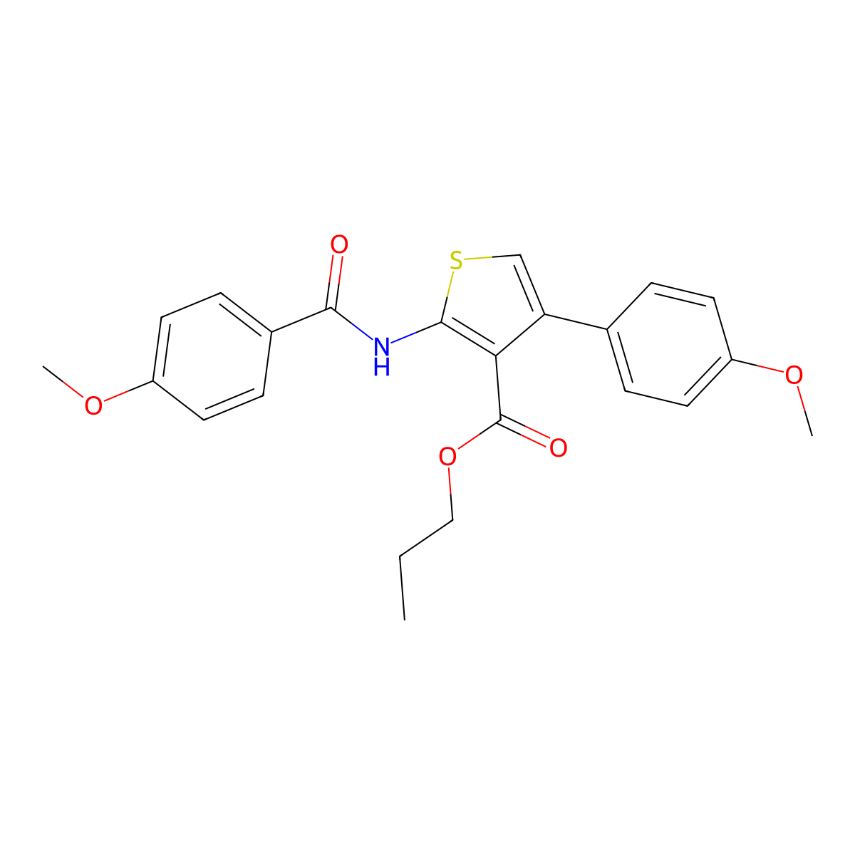 Propyl 2-[(4-methoxybenzoyl)amino]-4-(4-methoxyphenyl)-3-thiophenecarboxylate molecular structure, CAS 445231-08-3