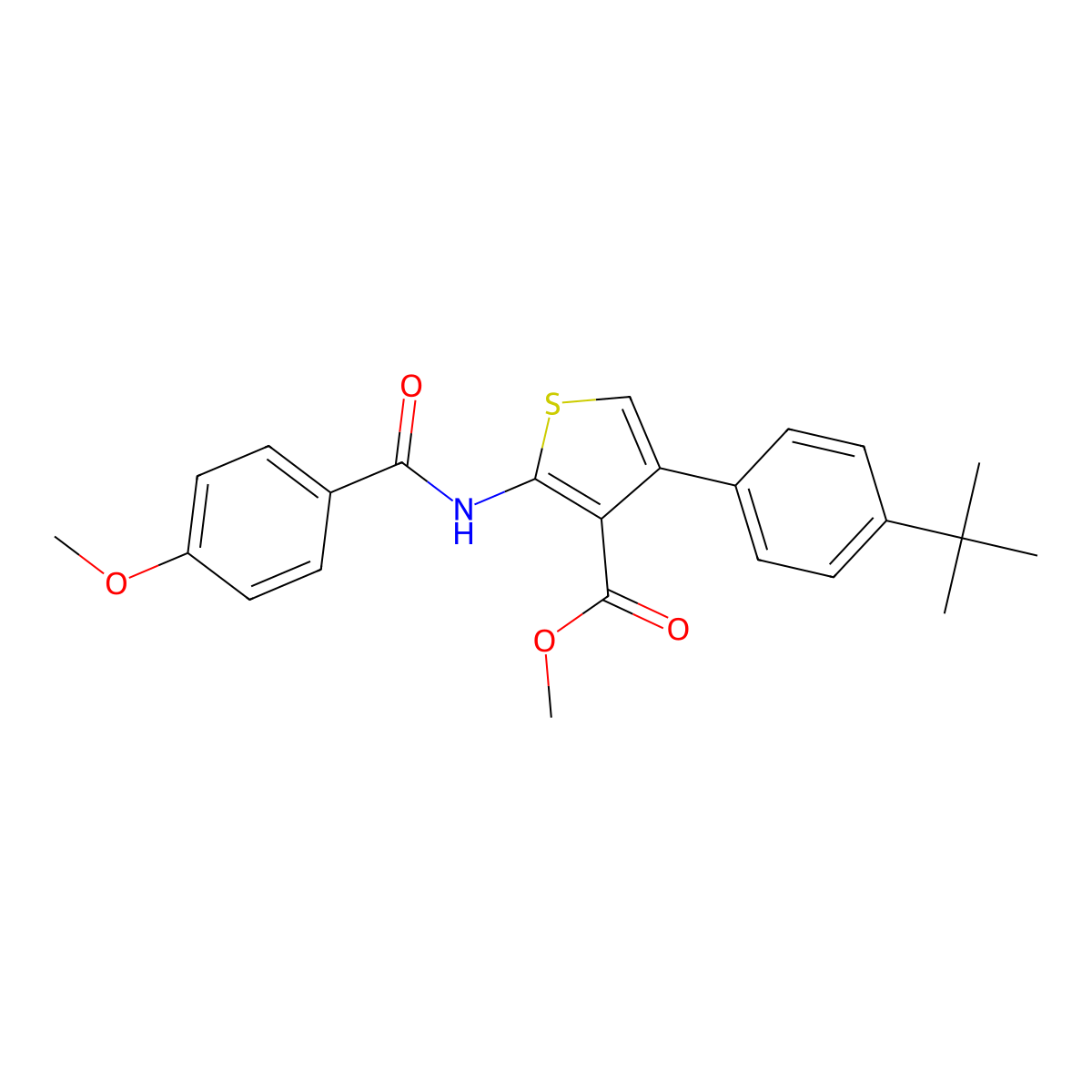 Methyl 4-(4-tert-butylphenyl)-2-{[(4-methoxyphenyl)carbonyl]amino}thiophene-3-carboxylate molecular structure, CAS 445231-32-3