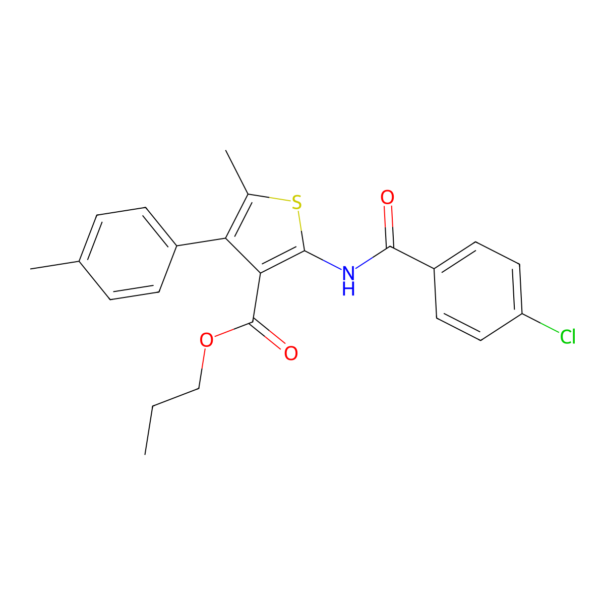 Propyl 2-[(4-chlorobenzoyl)amino]-5-methyl-4-(4-methylphenyl)-3-thiophenecarboxylate molecular structure, CAS 445231-34-5