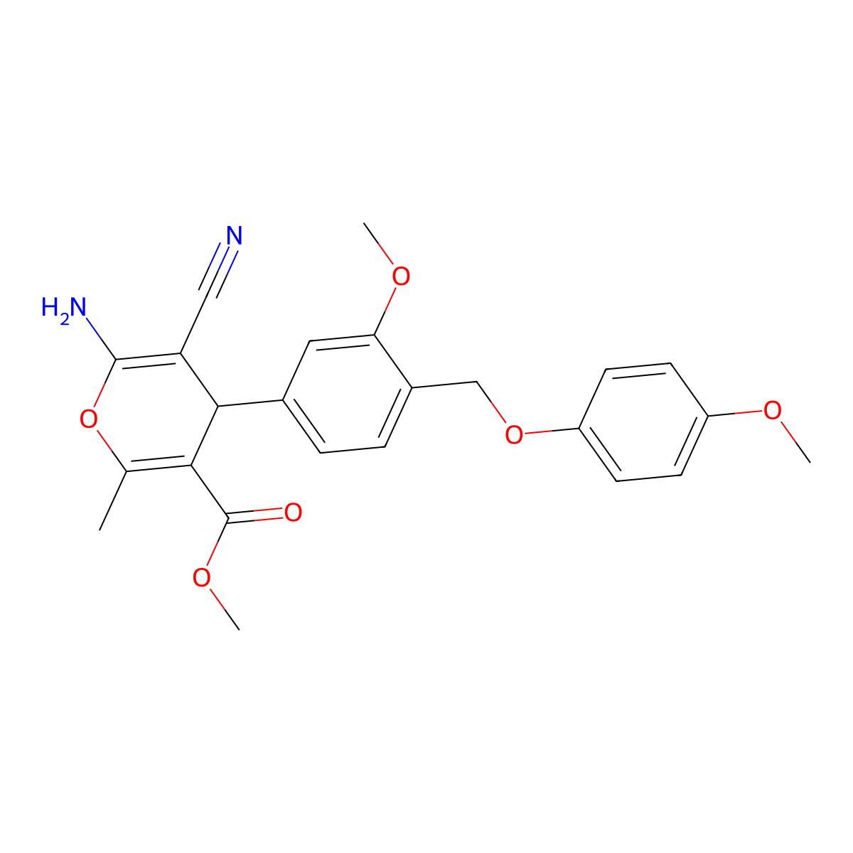 methyl 6-amino-5-cyano-4-{3-methoxy-4-[(4-methoxyphenoxy)methyl]phenyl}-2-methyl-4H-pyran-3-carboxylate molecular structure, CAS 445231-41-4