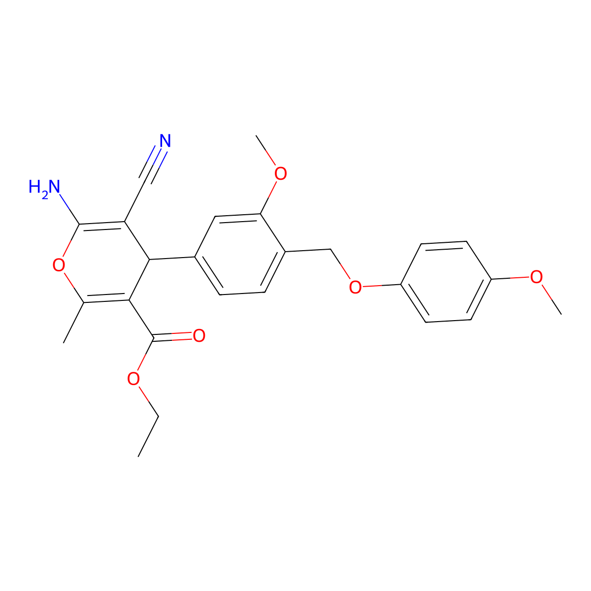 ethyl 6-amino-5-cyano-4-{3-methoxy-4-[(4-methoxyphenoxy)methyl]phenyl}-2-methyl-4H-pyran-3-carboxylate molecular structure, CAS 445231-45-8
