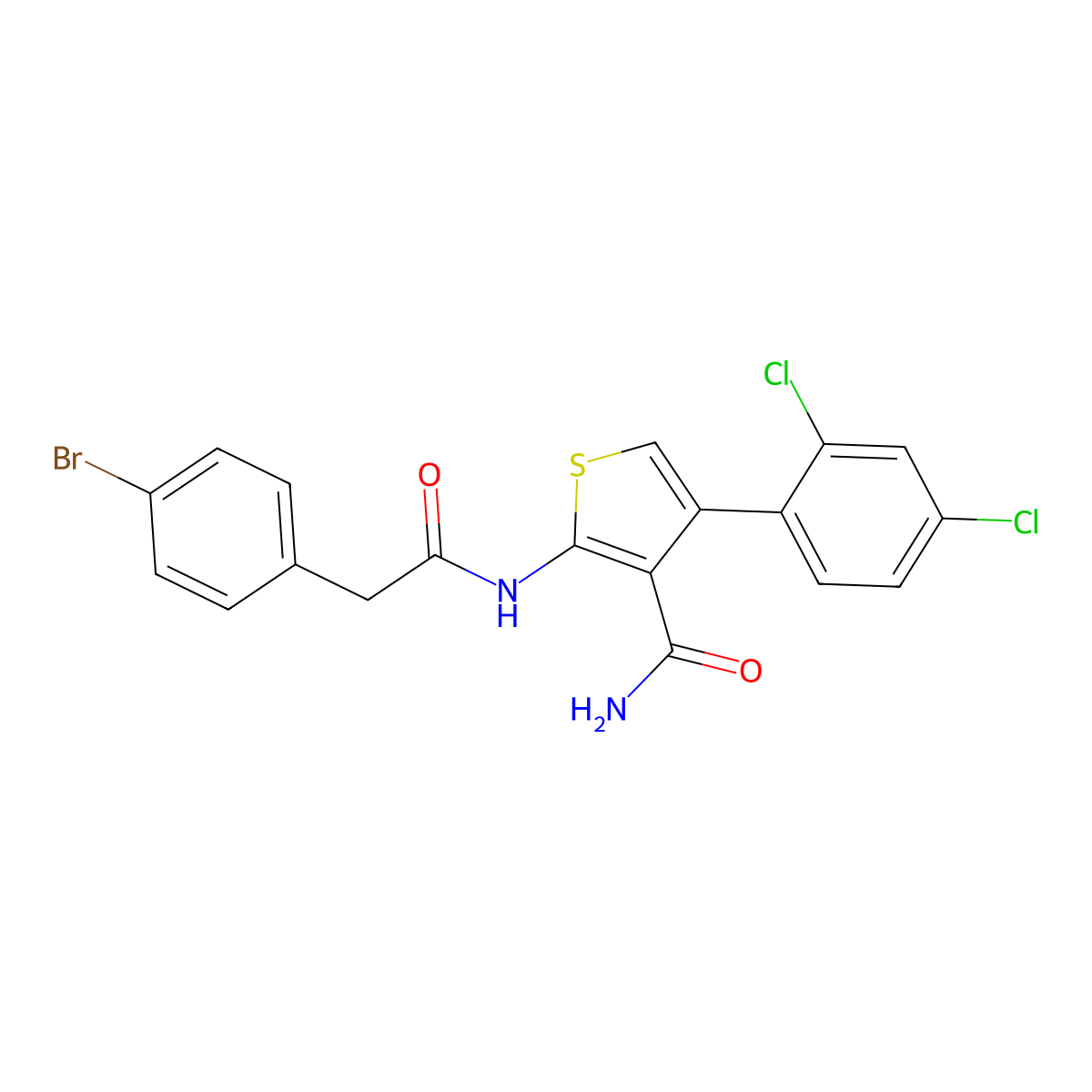 2-{[(4-Bromophenyl)acetyl]amino}-4-(2,4-dichlorophenyl)-3-thiophenecarboxamide molecular structure, CAS 445231-78-7