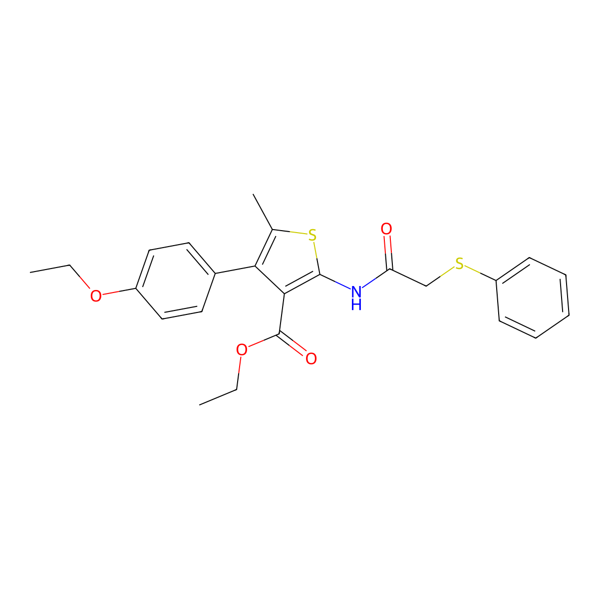 Ethyl 4-(4-ethoxyphenyl)-5-methyl-2-{[(phenylsulfanyl)acetyl]amino}-3-thiophenecarboxylate molecular structure, CAS 445231-98-1