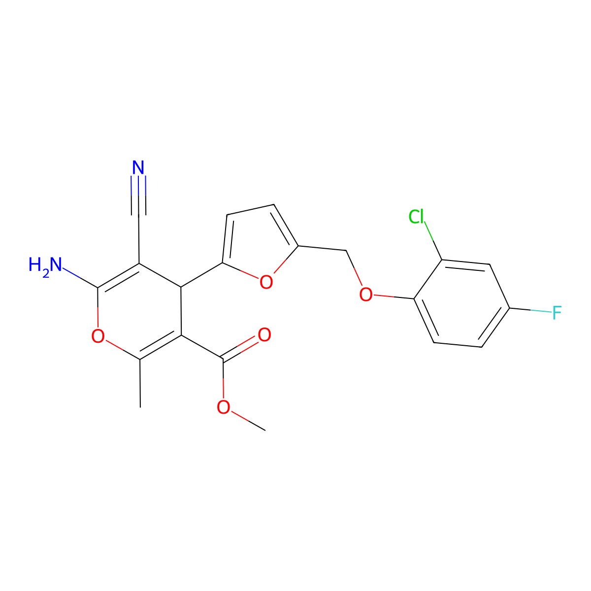 methyl 6-amino-4-{5-[(2-chloro-4-fluorophenoxy)methyl]-2-furyl}-5-cyano-2-methyl-4H-pyran-3-carboxylate molecular structure, CAS 445232-11-1