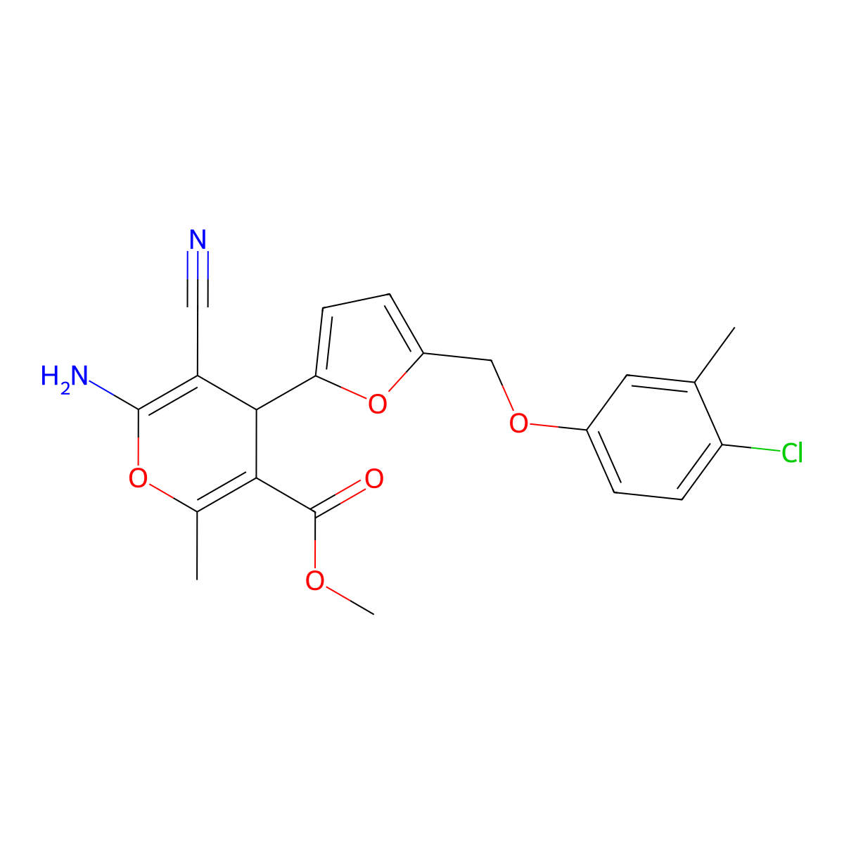 methyl 6-amino-4-{5-[(4-chloro-3-methylphenoxy)methyl]-2-furyl}-5-cyano-2-methyl-4H-pyran-3-carboxylate molecular structure, CAS 445232-13-3