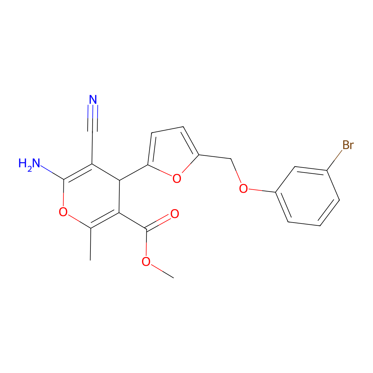 methyl 6-amino-4-{5-[(3-bromophenoxy)methyl]-2-furyl}-5-cyano-2-methyl-4H-pyran-3-carboxylate molecular structure, CAS 445232-26-8