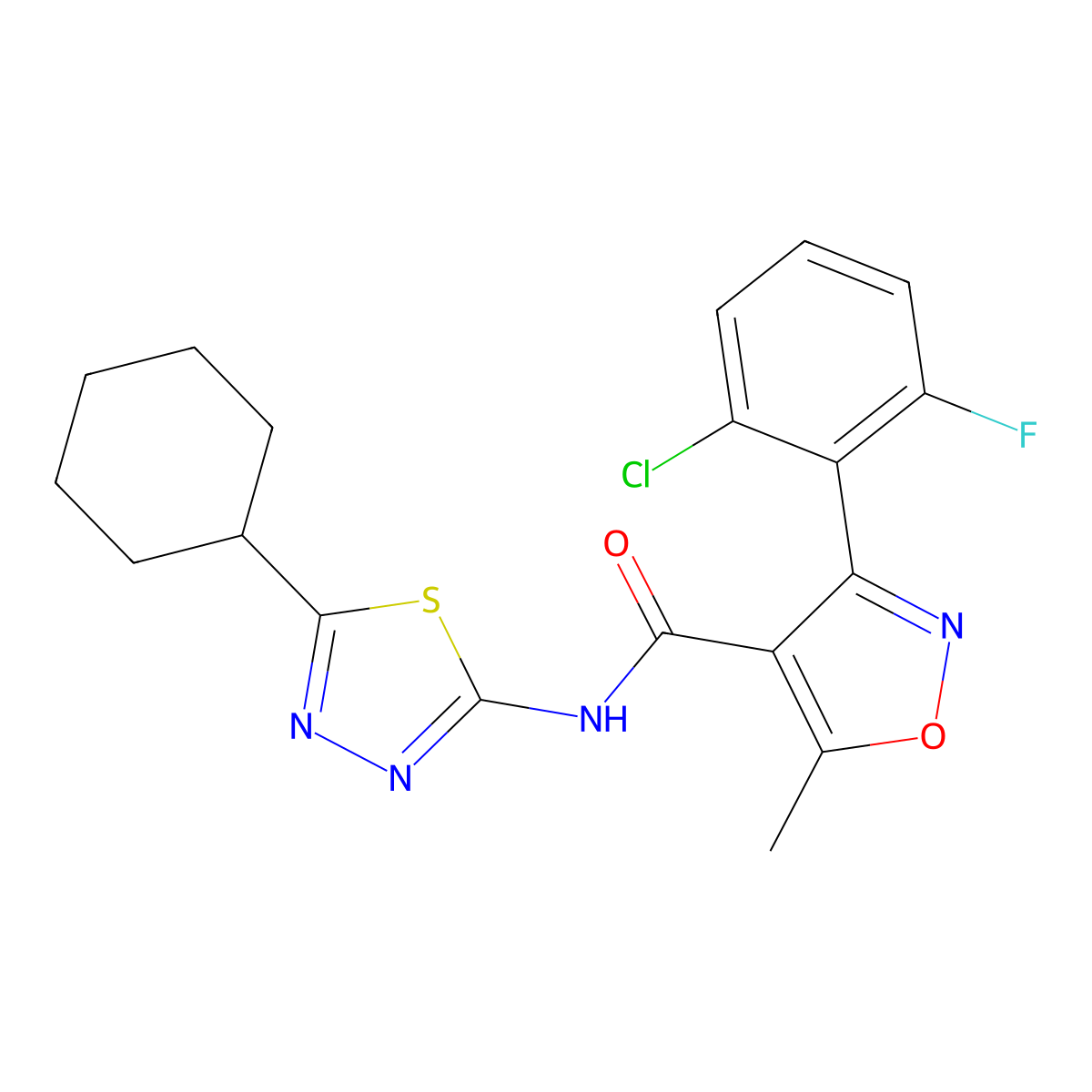 3-(2-chloro-6-fluorophenyl)-N-(5-cyclohexyl-1,3,4-thiadiazol-2-yl)-5-methyl-1,2-oxazole-4-carboxamide molecular structure, CAS 445232-41-7