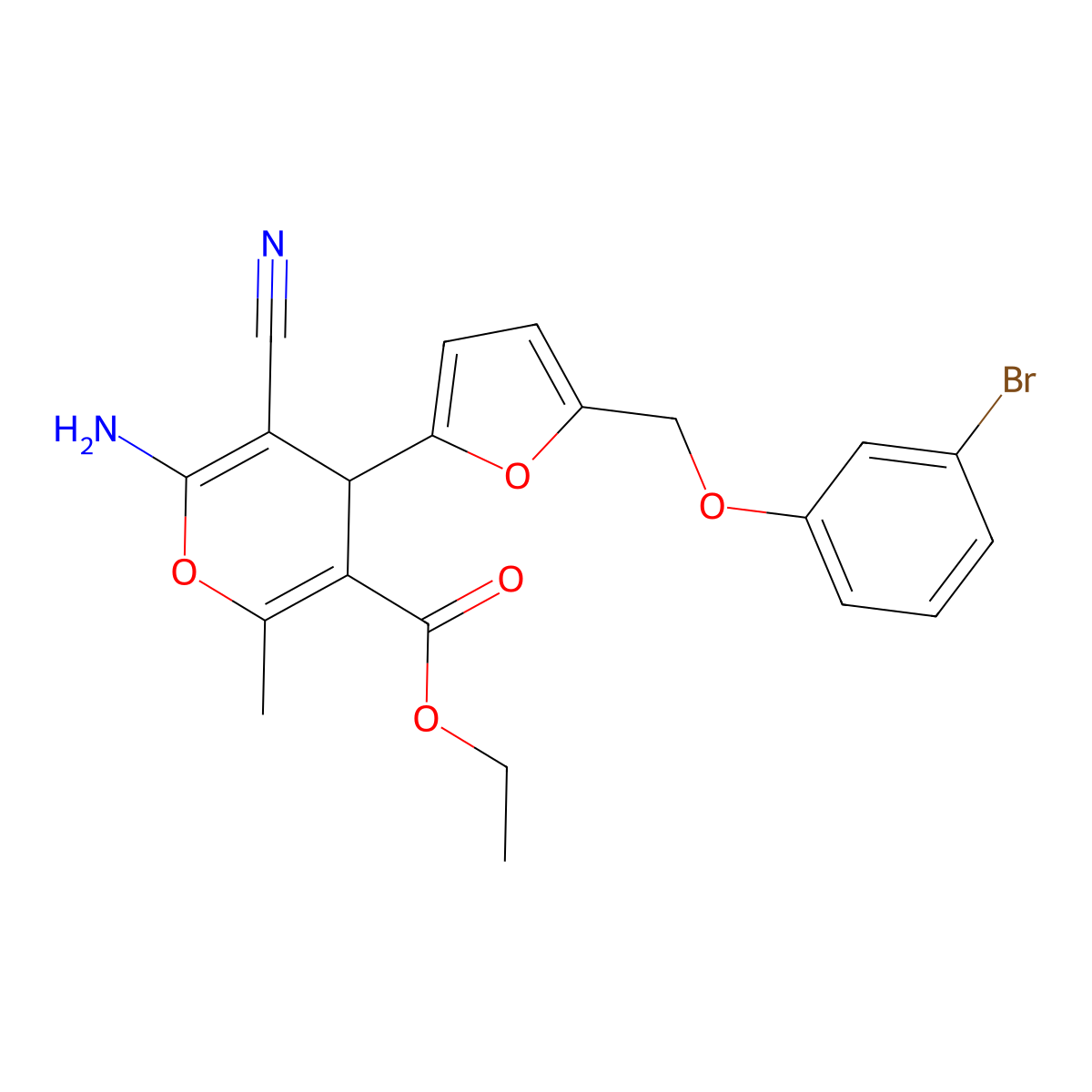 ethyl 6-amino-4-{5-[(3-bromophenoxy)methyl]-2-furyl}-5-cyano-2-methyl-4H-pyran-3-carboxylate molecular structure, CAS 445232-50-8