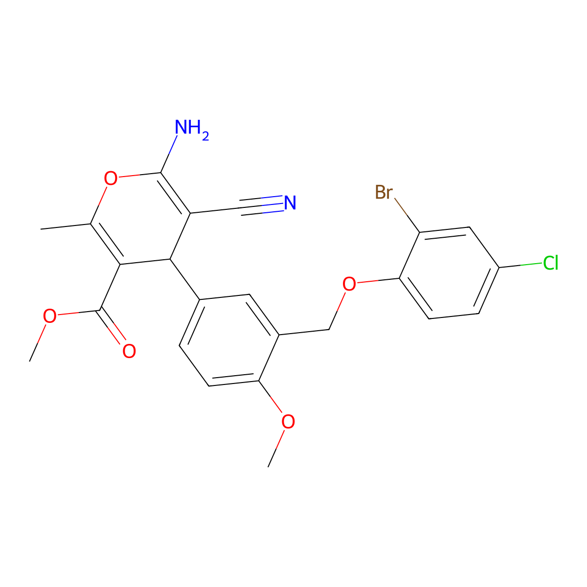 methyl 6-amino-4-{3-[(2-bromo-4-chlorophenoxy)methyl]-4-methoxyphenyl}-5-cyano-2-methyl-4H-pyran-3-carboxylate molecular structure, CAS 445232-63-3