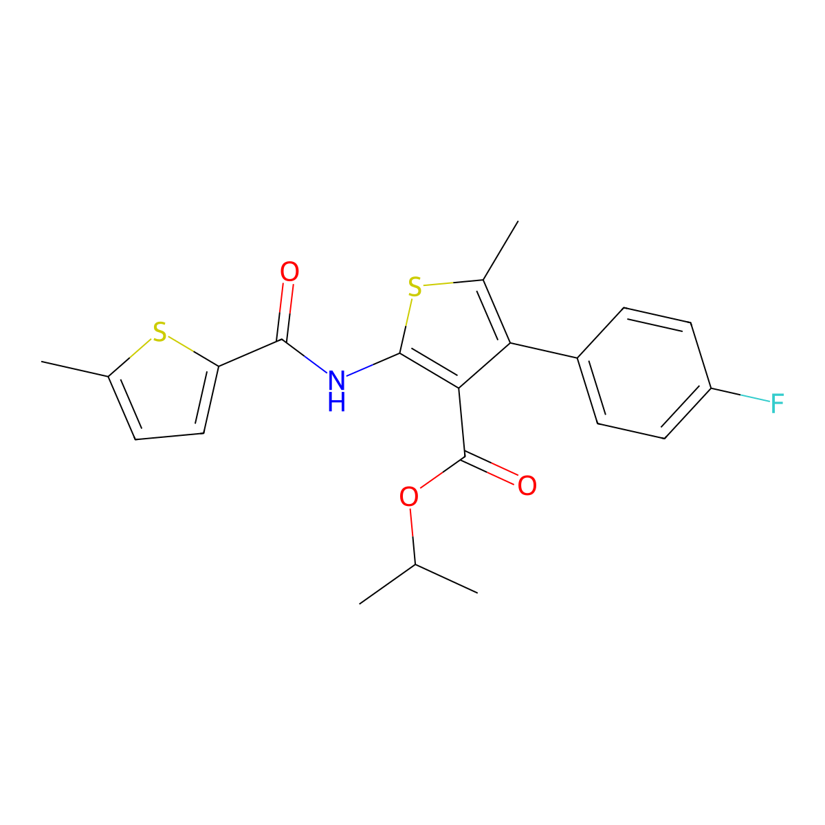 Isopropyl 4-(4-fluorophenyl)-5-methyl-2-{[(5-methyl-2-thienyl)carbonyl]amino}-3-thiophenecarboxylate molecular structure, CAS 445232-86-0