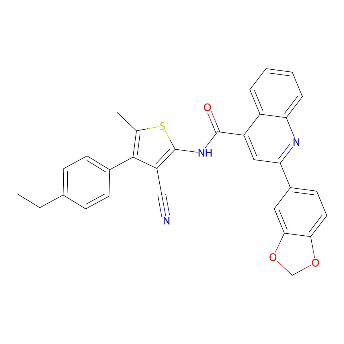 2-(1,3-benzodioxol-5-yl)-N-[3-cyano-4-(4-ethylphenyl)-5-methylthiophen-2-yl]quinoline-4-carboxamide molecular structure, CAS 445233-48-7
