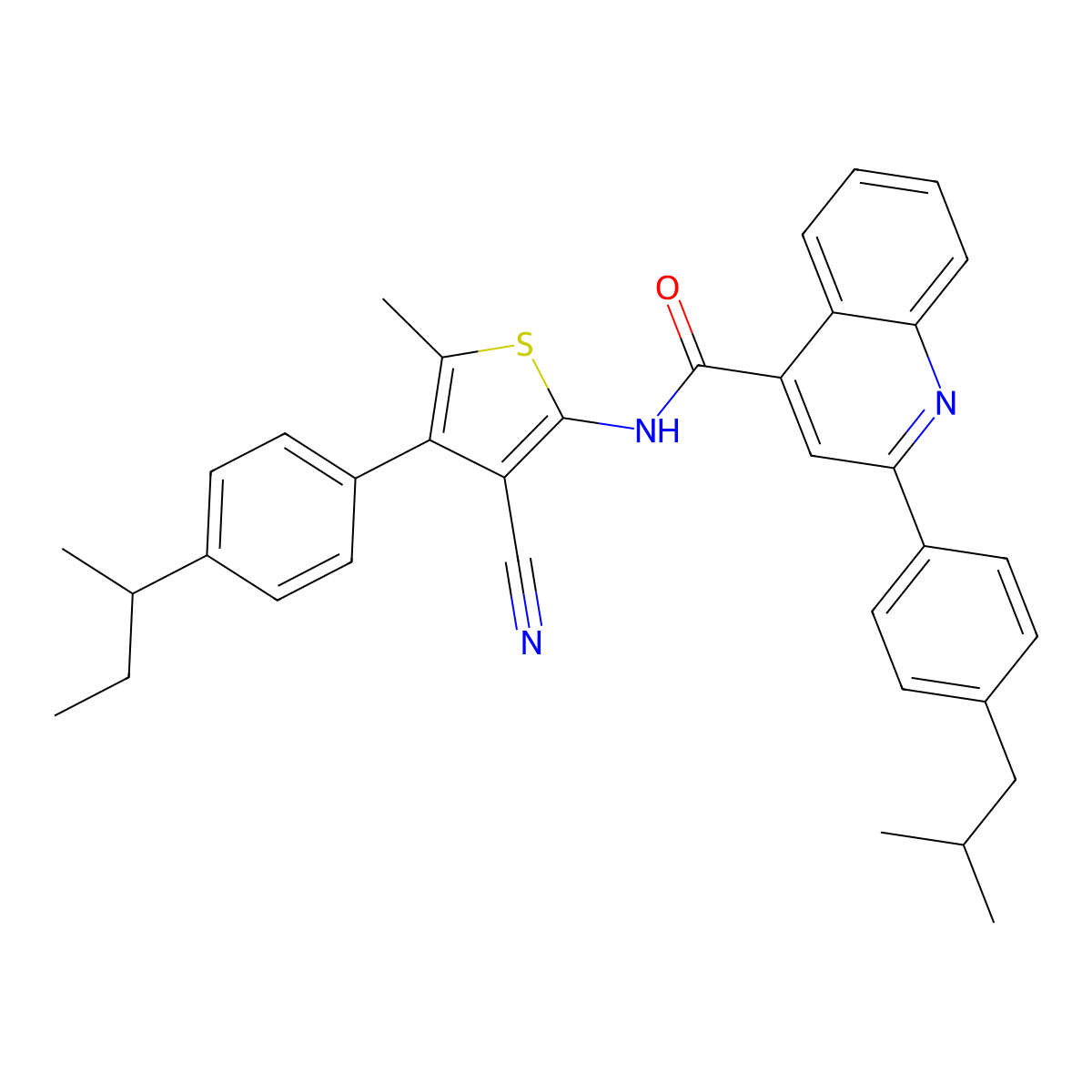N-[4-(4-butan-2-ylphenyl)-3-cyano-5-methylthiophen-2-yl]-2-[4-(2-methylpropyl)phenyl]quinoline-4-carboxamide molecular structure, CAS 445233-59-0