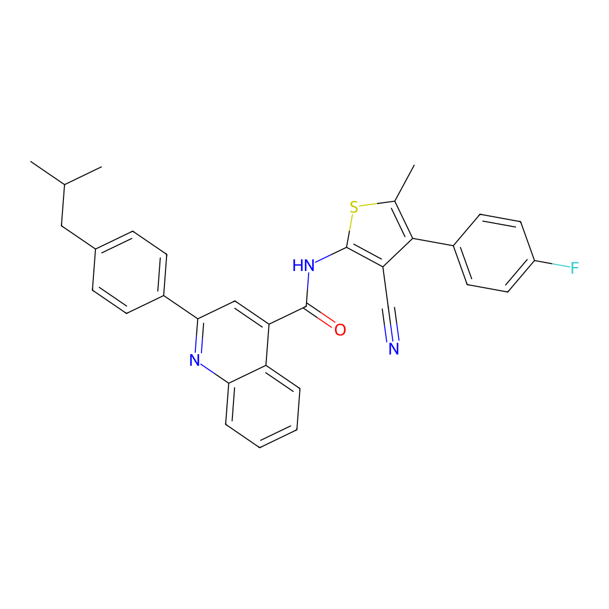 N-[3-cyano-4-(4-fluorophenyl)-5-methylthiophen-2-yl]-2-[4-(2-methylpropyl)phenyl]quinoline-4-carboxamide molecular structure, CAS 445233-62-5