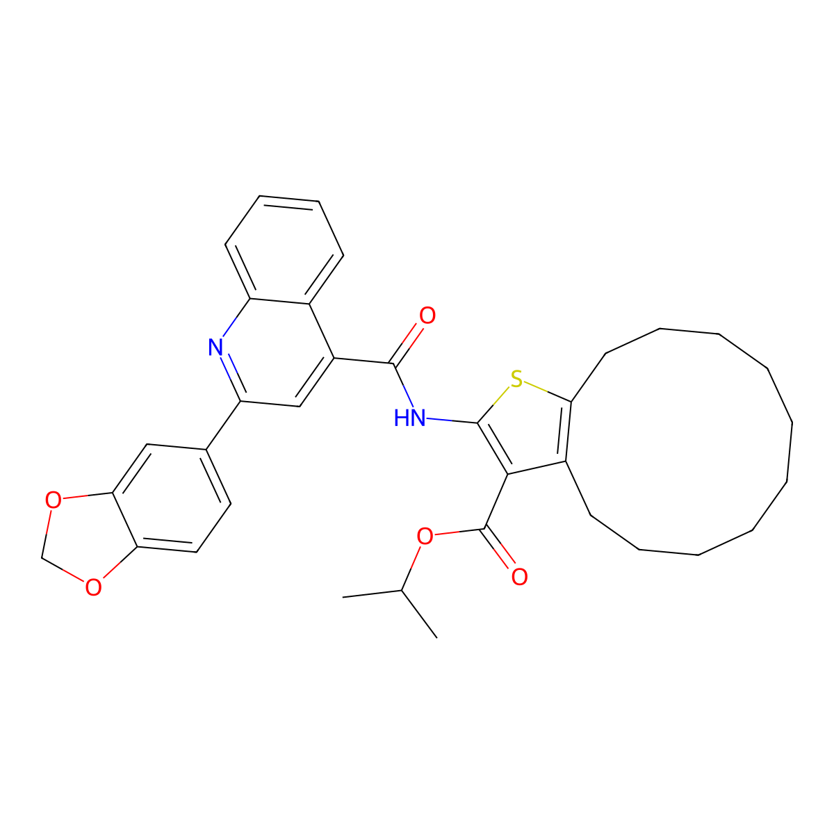 Isopropyl 2-({[2-(1,3-benzodioxol-5-yl)-4-quinolinyl]carbonyl}amino)-4,5,6,7,8,9,10,11,12,13-decahydrocyclododeca[b]thiophene-3-carboxylate molecular structure, CAS 445233-63-6