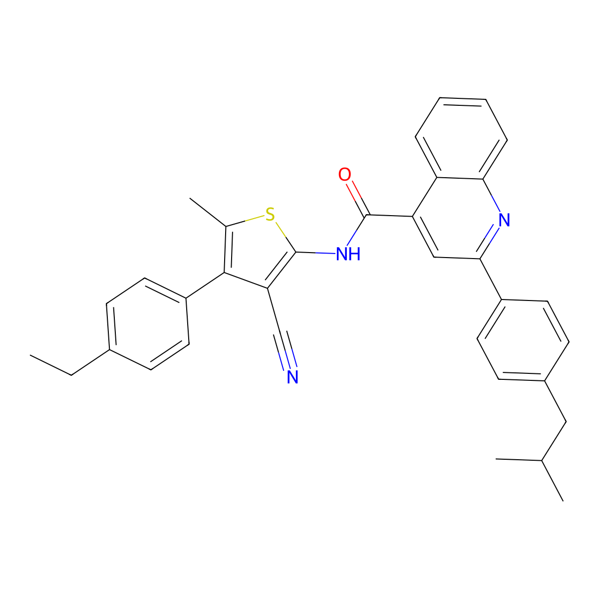 N-[3-cyano-4-(4-ethylphenyl)-5-methylthiophen-2-yl]-2-[4-(2-methylpropyl)phenyl]quinoline-4-carboxamide molecular structure, CAS 445233-68-1