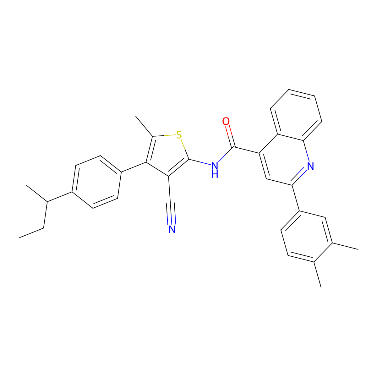 N-[4-(4-butan-2-ylphenyl)-3-cyano-5-methylthiophen-2-yl]-2-(3,4-dimethylphenyl)quinoline-4-carboxamide molecular structure, CAS 445233-73-8