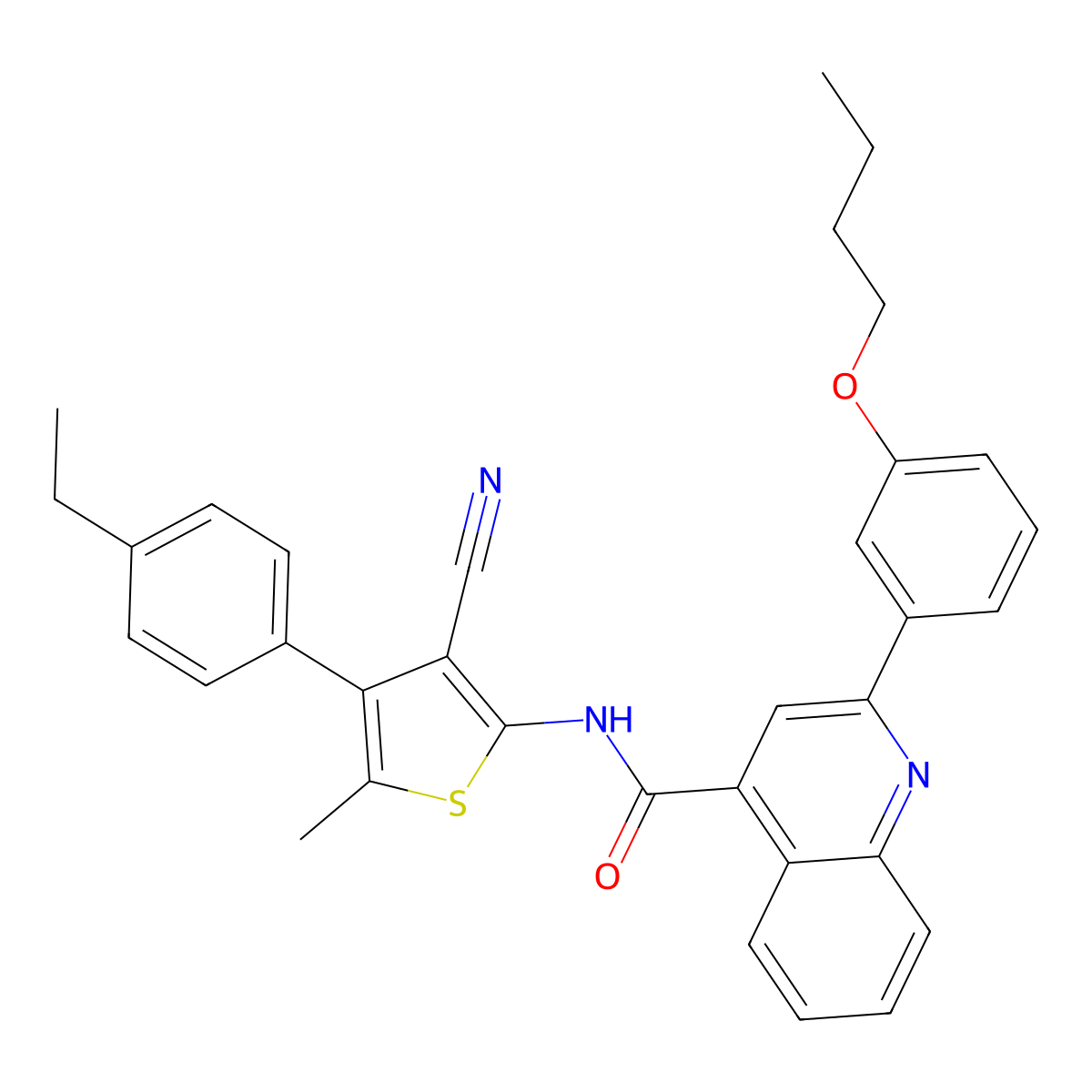 2-(3-butoxyphenyl)-N-[3-cyano-4-(4-ethylphenyl)-5-methylthiophen-2-yl]quinoline-4-carboxamide molecular structure, CAS 445236-22-6