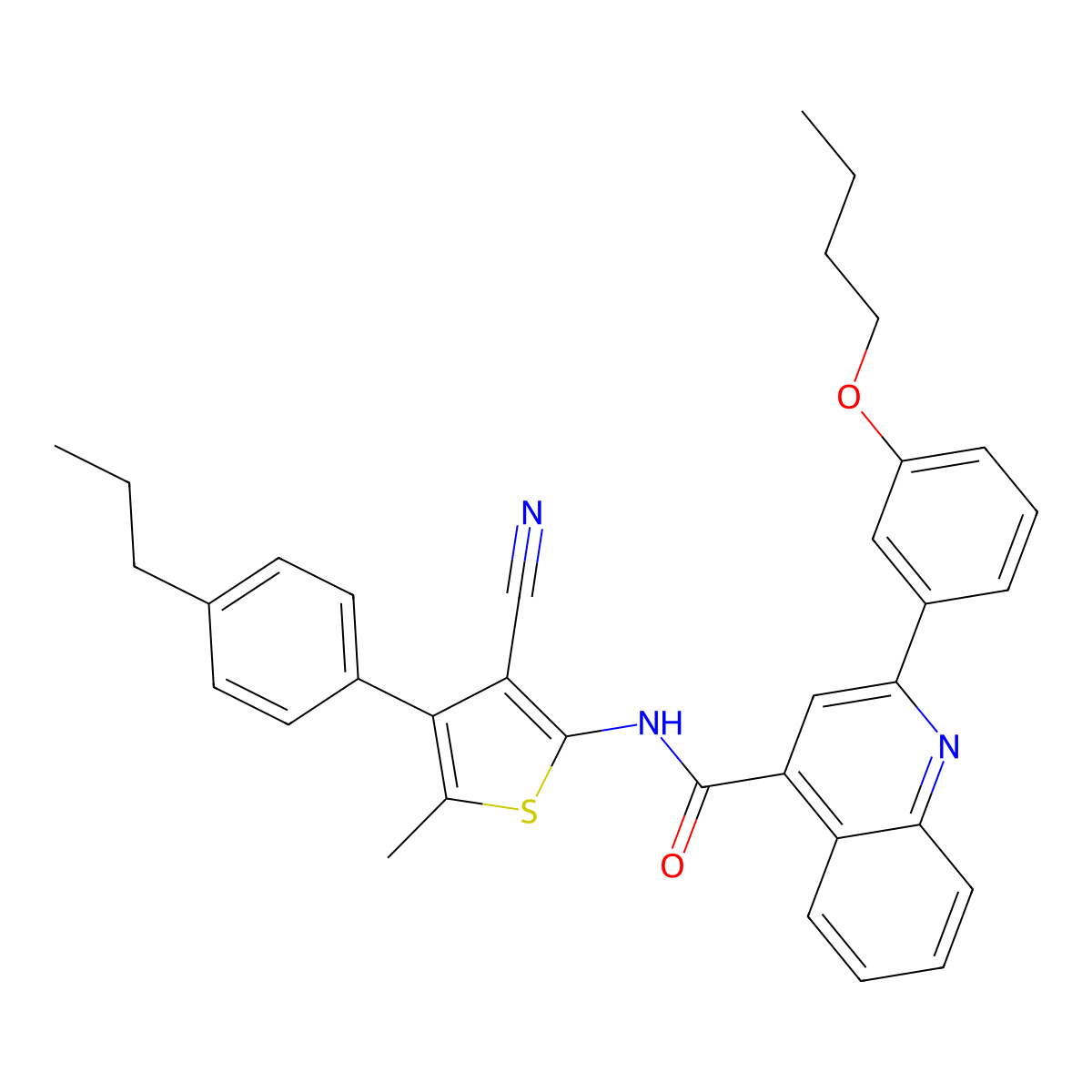 2-(3-butoxyphenyl)-N-[3-cyano-5-methyl-4-(4-propylphenyl)thiophen-2-yl]quinoline-4-carboxamide molecular structure, CAS 445236-24-8