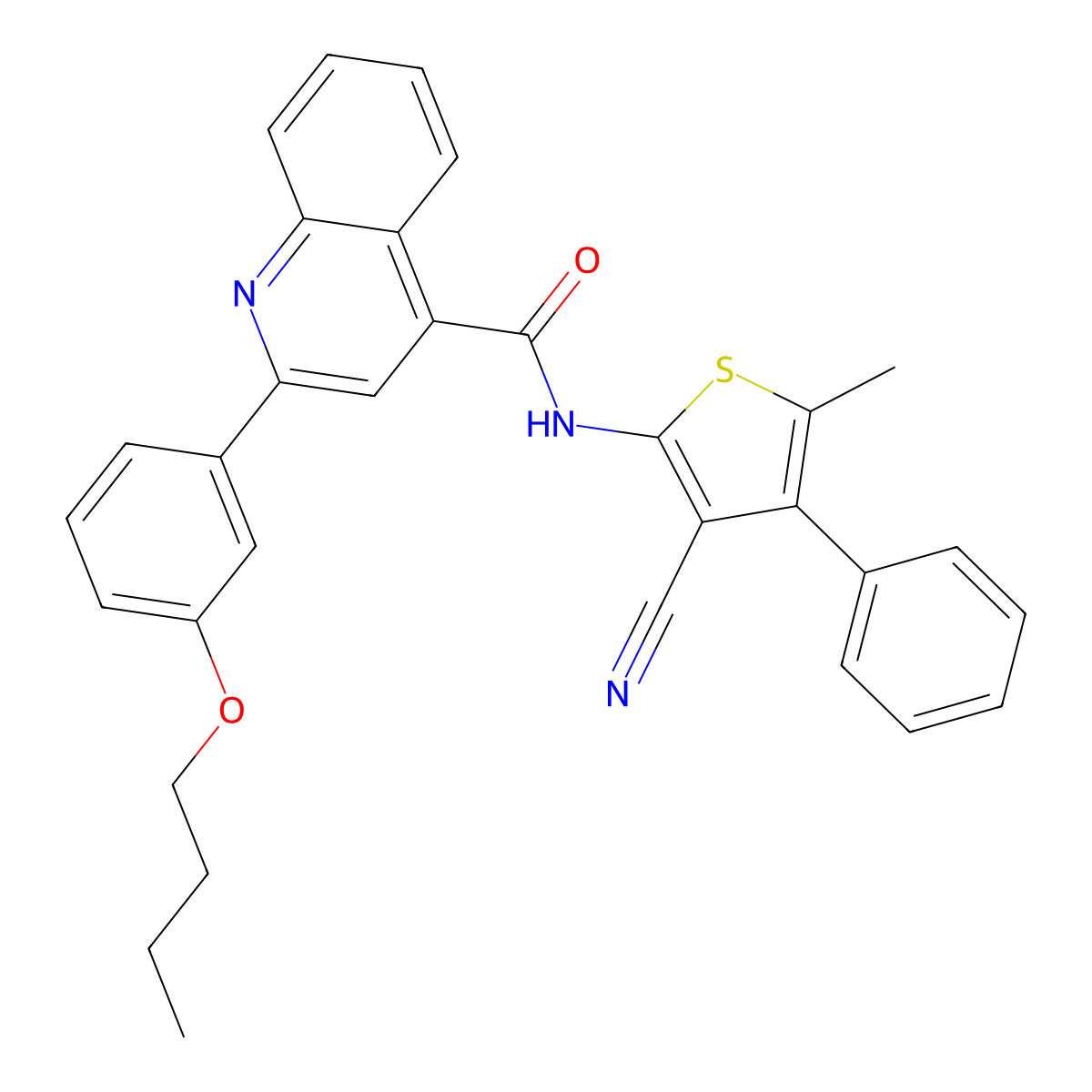2-(3-butoxyphenyl)-N-(3-cyano-5-methyl-4-phenylthiophen-2-yl)quinoline-4-carboxamide molecular structure, CAS 445236-30-6