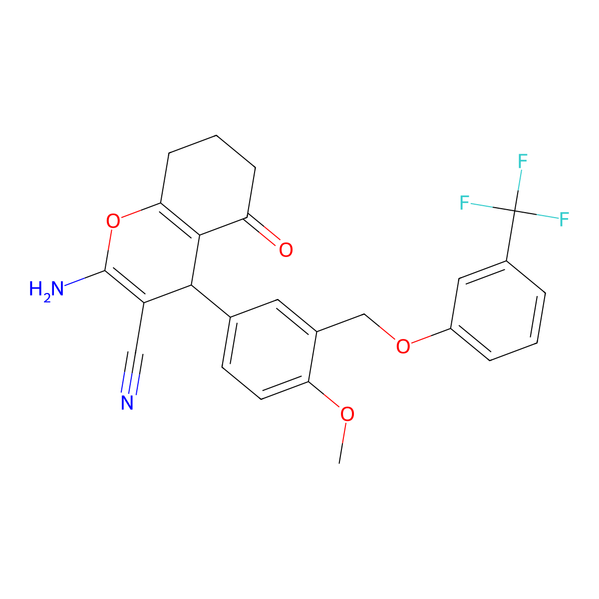2-Amino-4-[4-methoxy-3-[[3-(trifluoromethyl)phenoxy]methyl]phenyl]-5-oxo-4,6,7,8-tetrahydrochromene-3-carbonitrile molecular structure, CAS 445236-68-0