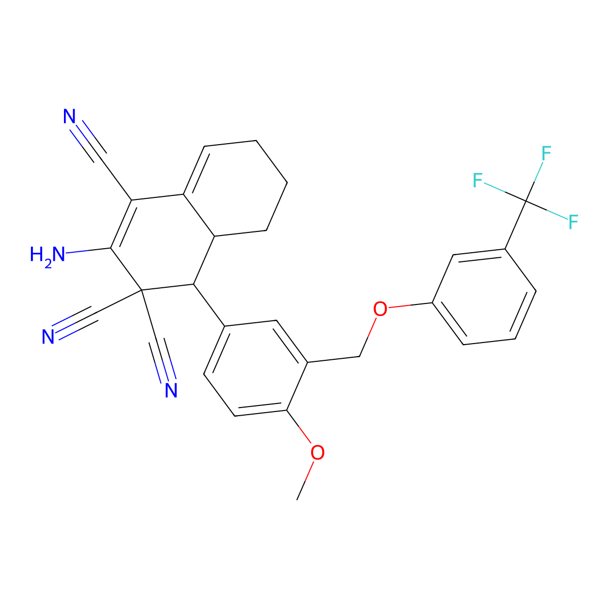 2-amino-4-[4-methoxy-3-[[3-(trifluoromethyl)phenoxy]methyl]phenyl]-4a,5,6,7-tetrahydro-4H-naphthalene-1,3,3-tricarbonitrile molecular structure, CAS 445236-71-5