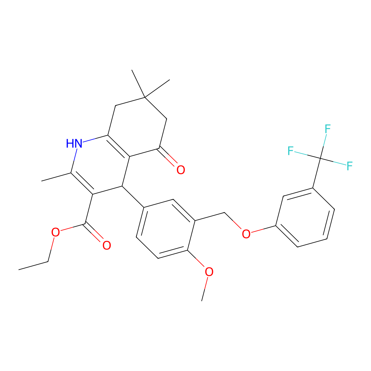 Ethyl 4-(4-methoxy-3-{[3-(trifluoromethyl)phenoxy]methyl}phenyl)-2,7,7-trimethyl-5-oxo-1,4,5,6,7,8-hexahydro-3-quinolinecarboxylate molecular structure, CAS 445236-72-6