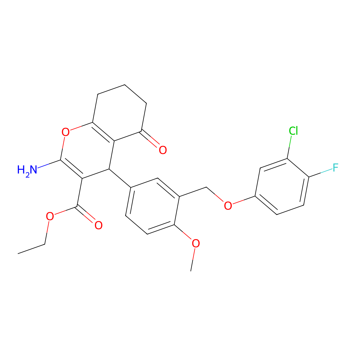 ethyl 2-amino-4-{3-[(3-chloro-4-fluorophenoxy)methyl]-4-methoxyphenyl}-5-oxo-5,6,7,8-tetrahydro-4H-chromene-3-carboxylate molecular structure, CAS 445236-76-0