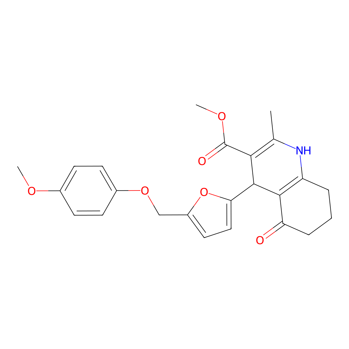 Methyl 4-{5-[(4-methoxyphenoxy)methyl]-2-furyl}-2-methyl-5-oxo-1,4,5,6,7,8-hexahydro-3-quinolinecarboxylate molecular structure, CAS 445236-86-2