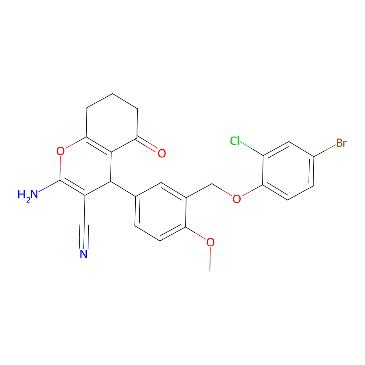 2-Amino-4-[3-[(4-bromo-2-chlorophenoxy)methyl]-4-methoxyphenyl]-5-oxo-4,6,7,8-tetrahydrochromene-3-carbonitrile molecular structure, CAS 445236-97-5