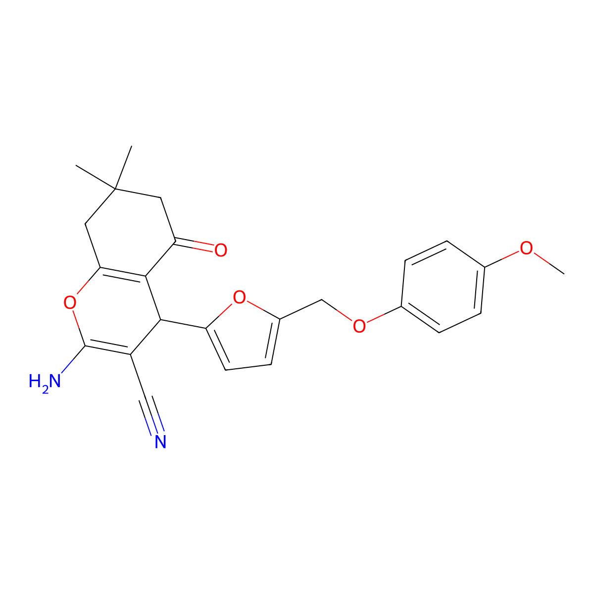 2-amino-4-[5-[(4-methoxyphenoxy)methyl]furan-2-yl]-7,7-dimethyl-5-oxo-6,8-dihydro-4H-chromene-3-carbonitrile molecular structure, CAS 445237-03-6