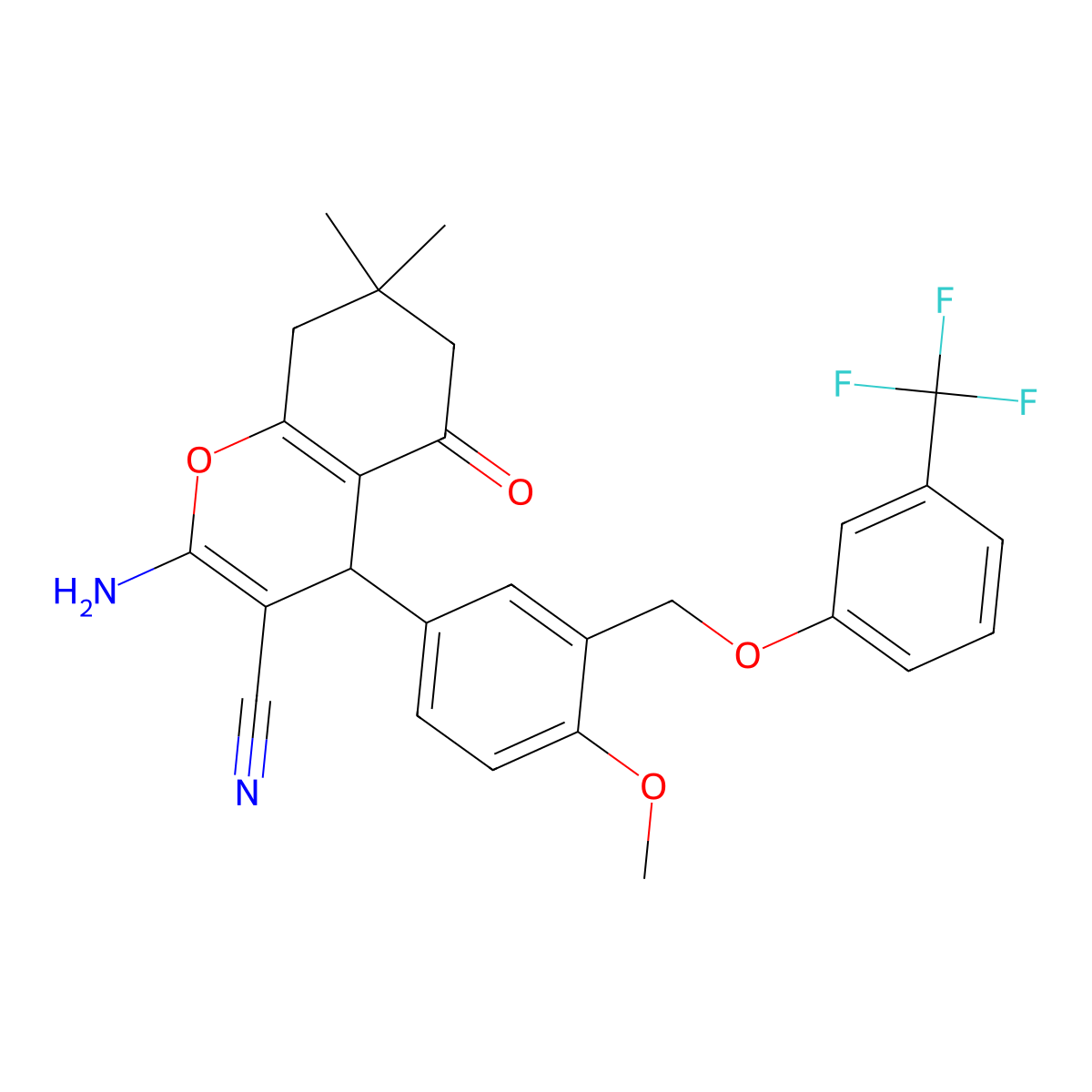 2-amino-4-[4-methoxy-3-[[3-(trifluoromethyl)phenoxy]methyl]phenyl]-7,7-dimethyl-5-oxo-6,8-dihydro-4H-chromene-3-carbonitrile molecular structure, CAS 445237-06-9