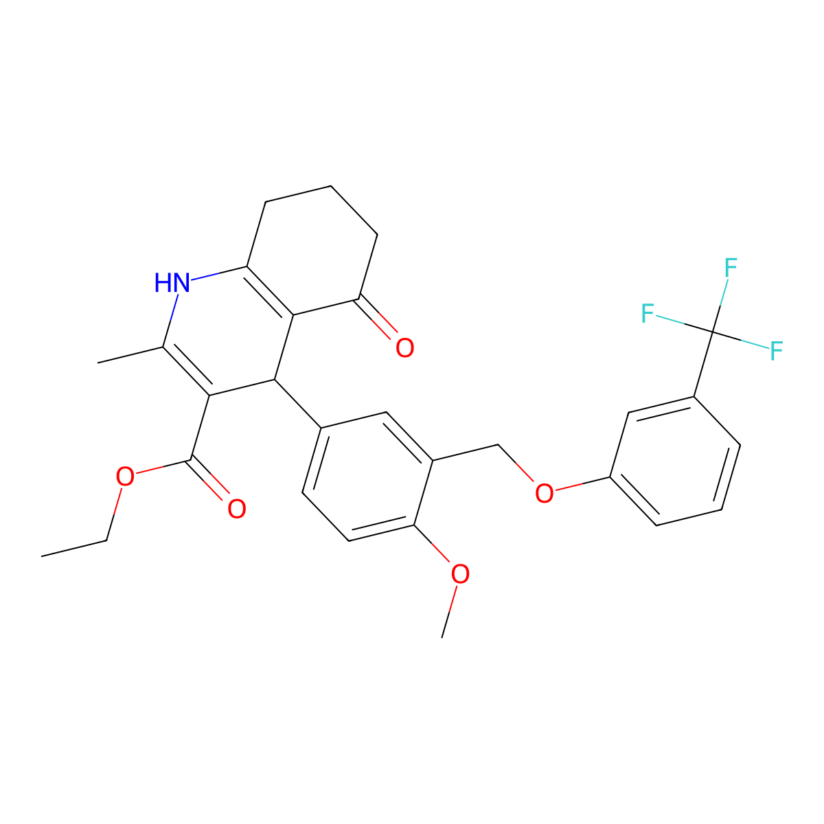 Ethyl 4-(4-methoxy-3-{[3-(trifluoromethyl)phenoxy]methyl}phenyl)-2-methyl-5-oxo-1,4,5,6,7,8-hexahydro-3-quinolinecarboxylate molecular structure, CAS 445237-14-9