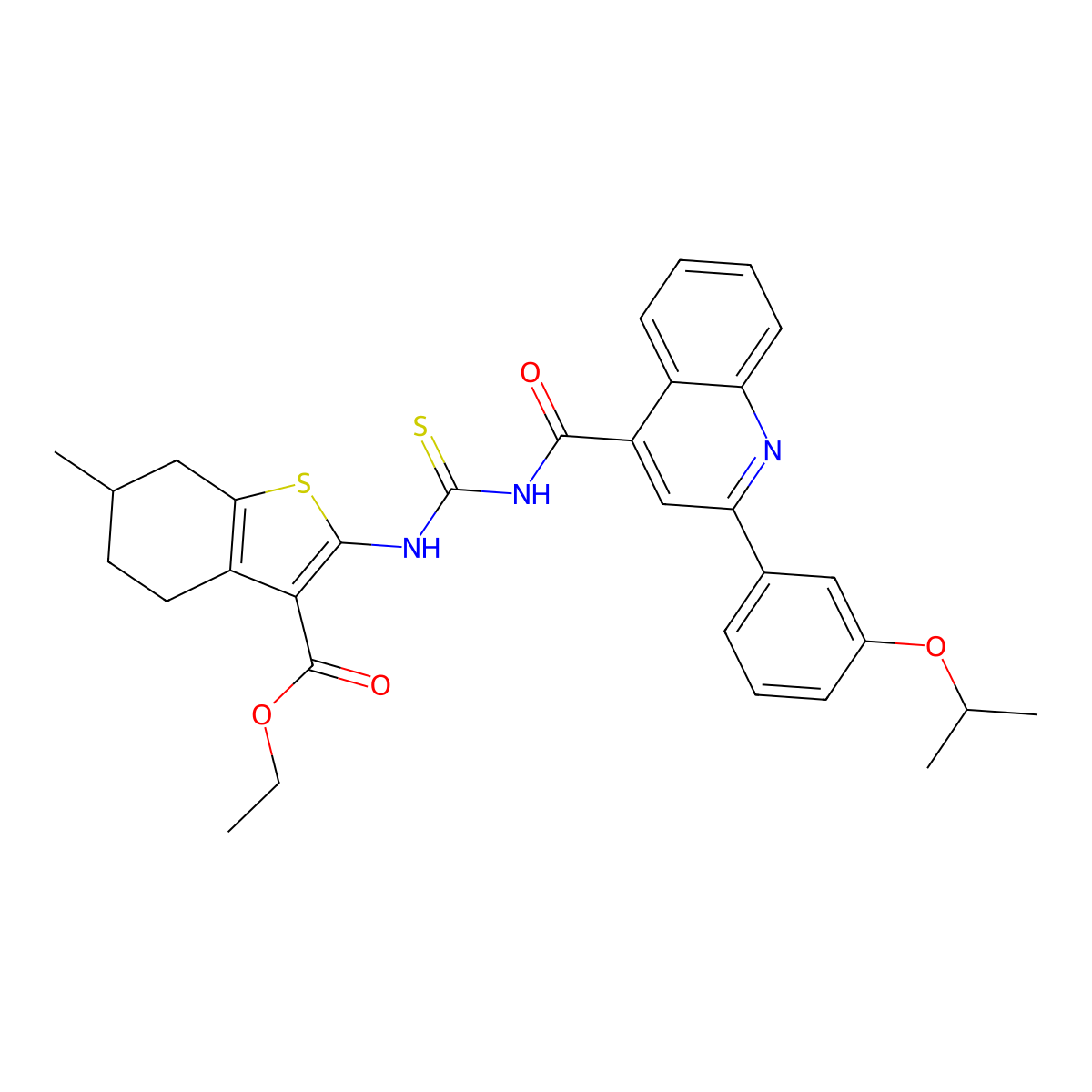 Ethyl 2-{[({[2-(3-isopropoxyphenyl)-4-quinolinyl]carbonyl}amino)carbothioyl]amino}-6-methyl-4,5,6,7-tetrahydro-1-benzothiophene-3-carboxylate molecular structure, CAS 445237-19-4