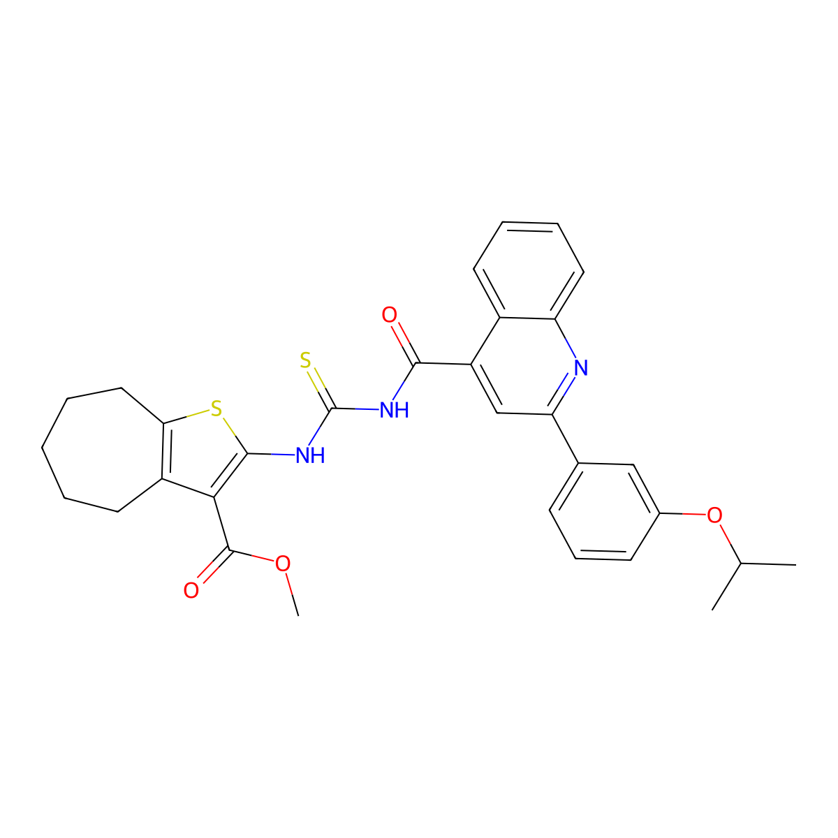 methyl 2-[[2-(3-propan-2-yloxyphenyl)quinoline-4-carbonyl]carbamothioylamino]-5,6,7,8-tetrahydro-4H-cyclohepta[b]thiophene-3-carboxylate molecular structure, CAS 445237-21-8
