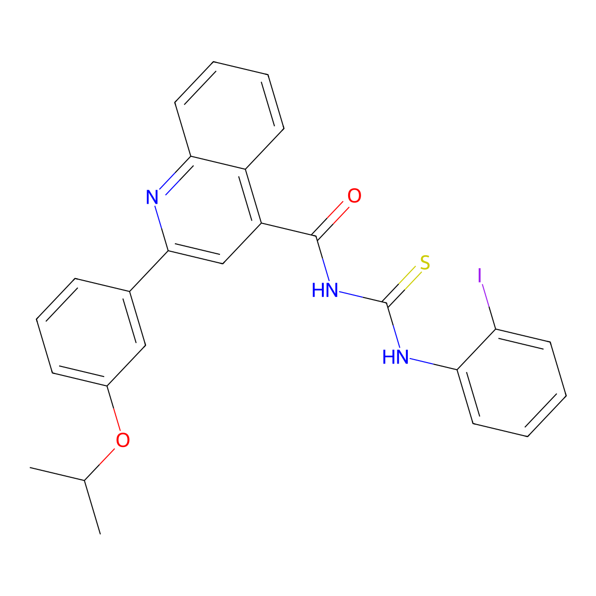 N-[(2-iodophenyl)carbamothioyl]-2-(3-propan-2-yloxyphenyl)quinoline-4-carboxamide molecular structure, CAS 445237-22-9