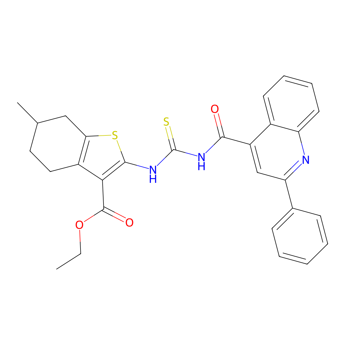 Ethyl 6-methyl-2-[(2-phenylquinoline-4-carbonyl)carbamothioylamino]-4,5,6,7-tetrahydro-1-benzothiophene-3-carboxylate molecular structure, CAS 445237-23-0