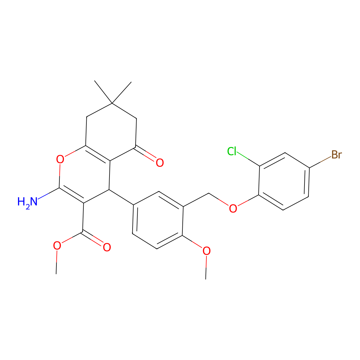 methyl 2-amino-4-{3-[(4-bromo-2-chlorophenoxy)methyl]-4-methoxyphenyl}-7,7-dimethyl-5-oxo-5,6,7,8-tetrahydro-4H-chromene-3-carboxylate molecular structure, CAS 445237-25-2