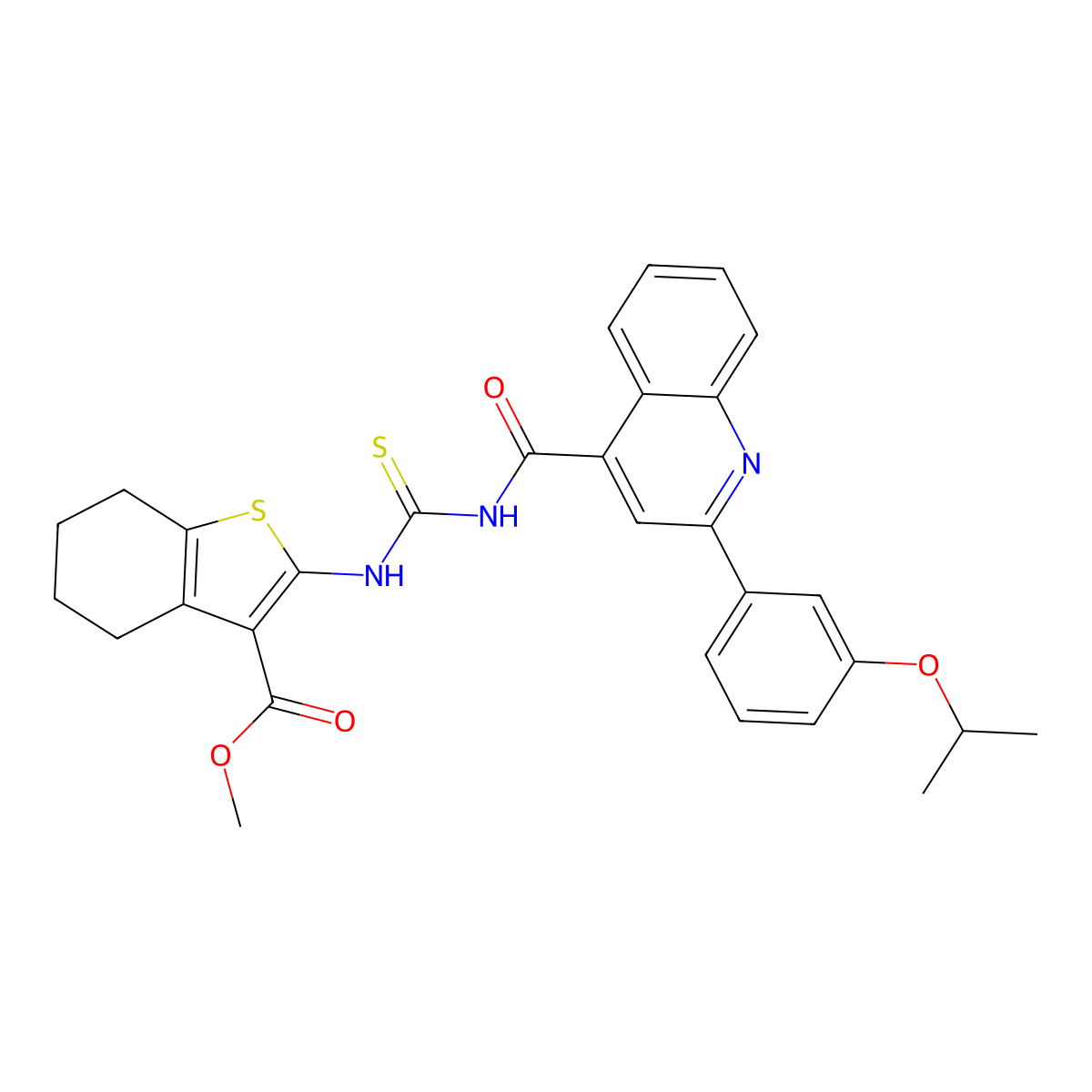 Methyl 2-{[({[2-(3-isopropoxyphenyl)-4-quinolinyl]carbonyl}amino)carbothioyl]amino}-4,5,6,7-tetrahydro-1-benzothiophene-3-carboxylate molecular structure, CAS 445237-28-5