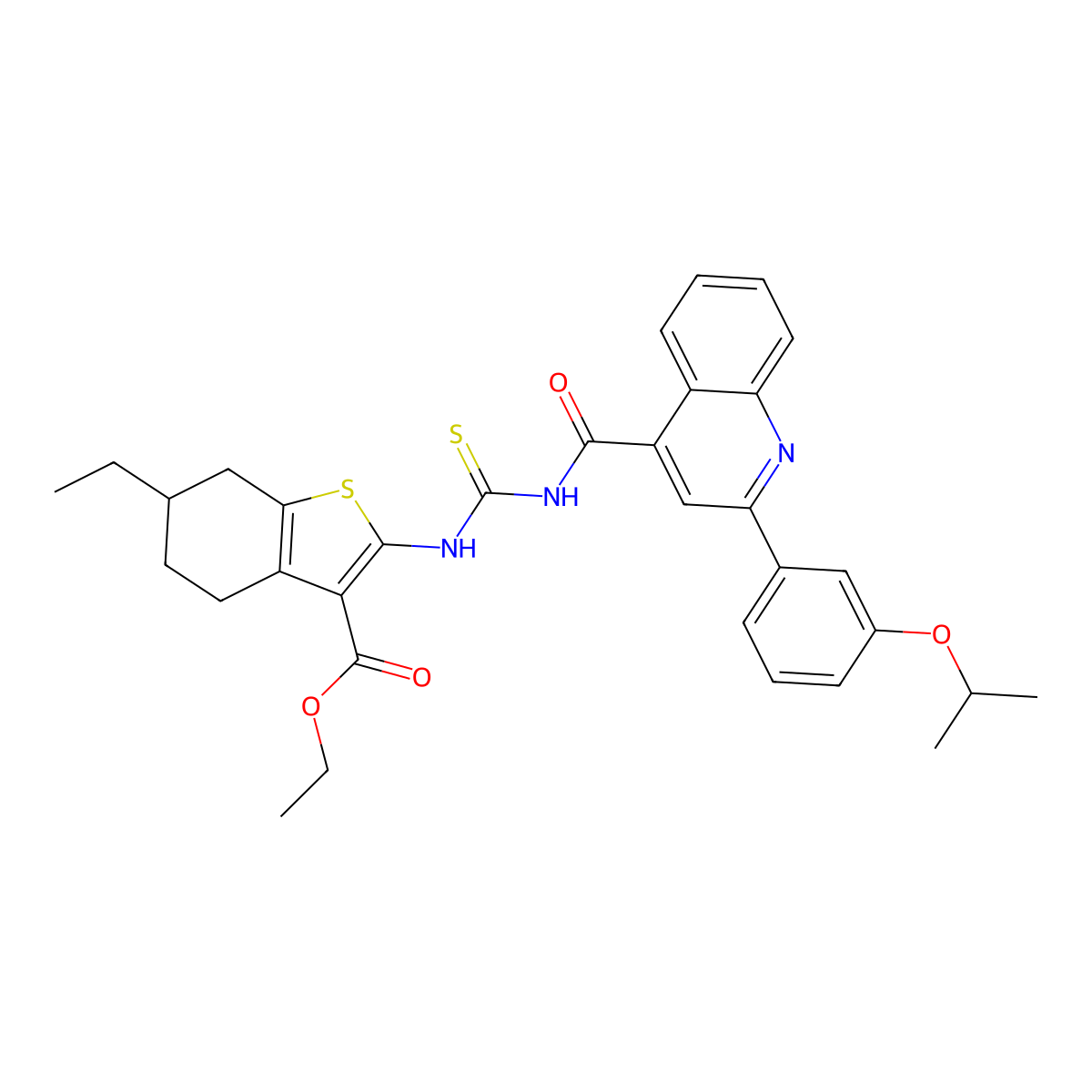 Ethyl 6-ethyl-2-{[({[2-(3-isopropoxyphenyl)-4-quinolinyl]carbonyl}amino)carbothioyl]amino}-4,5,6,7-tetrahydro-1-benzothiophene-3-carboxylate molecular structure, CAS 445237-44-5