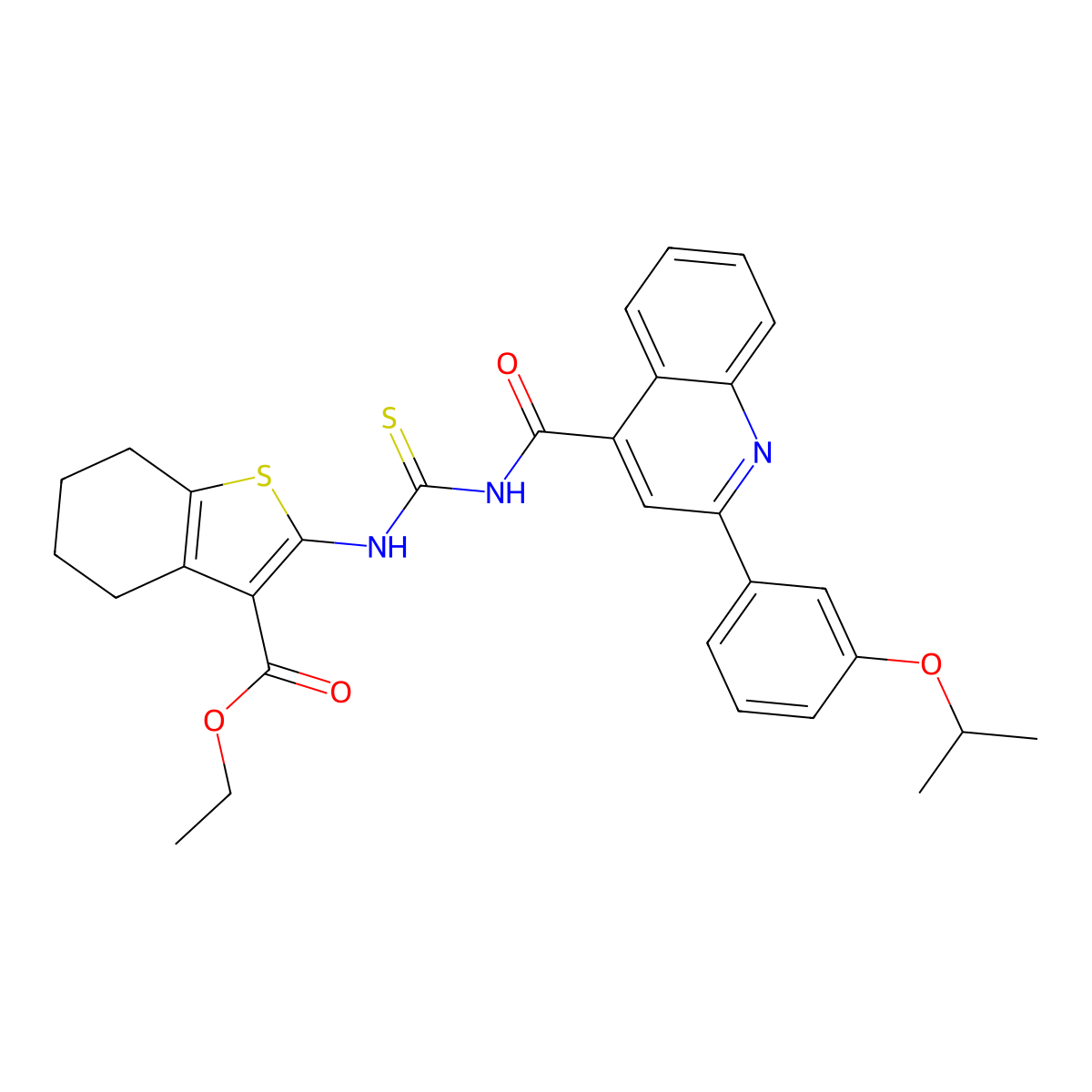 Ethyl 2-[[2-(3-propan-2-yloxyphenyl)quinoline-4-carbonyl]carbamothioylamino]-4,5,6,7-tetrahydro-1-benzothiophene-3-carboxylate molecular structure, CAS 445237-47-8