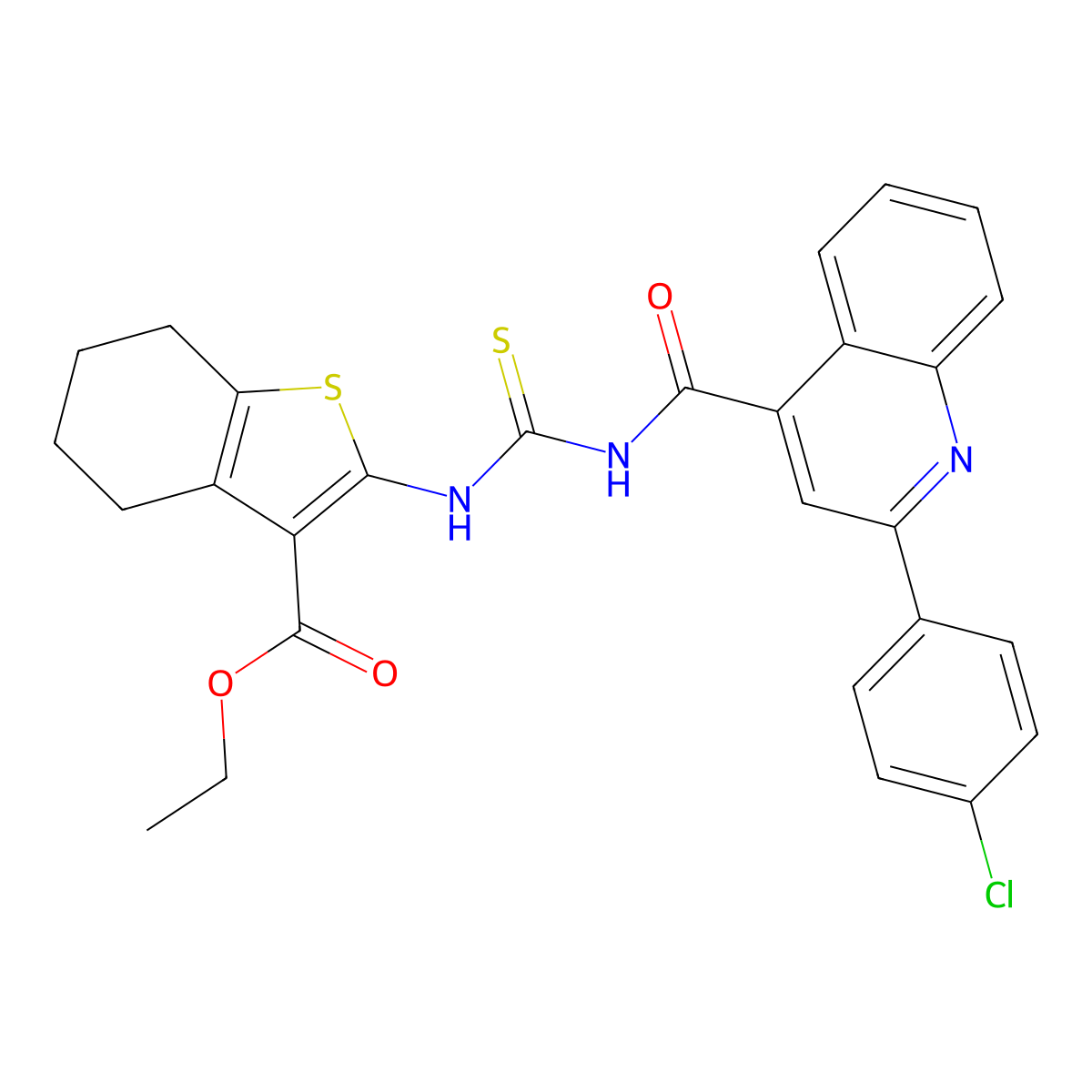Ethyl 2-[[2-(4-chlorophenyl)quinoline-4-carbonyl]carbamothioylamino]-4,5,6,7-tetrahydro-1-benzothiophene-3-carboxylate molecular structure, CAS 445237-51-4
